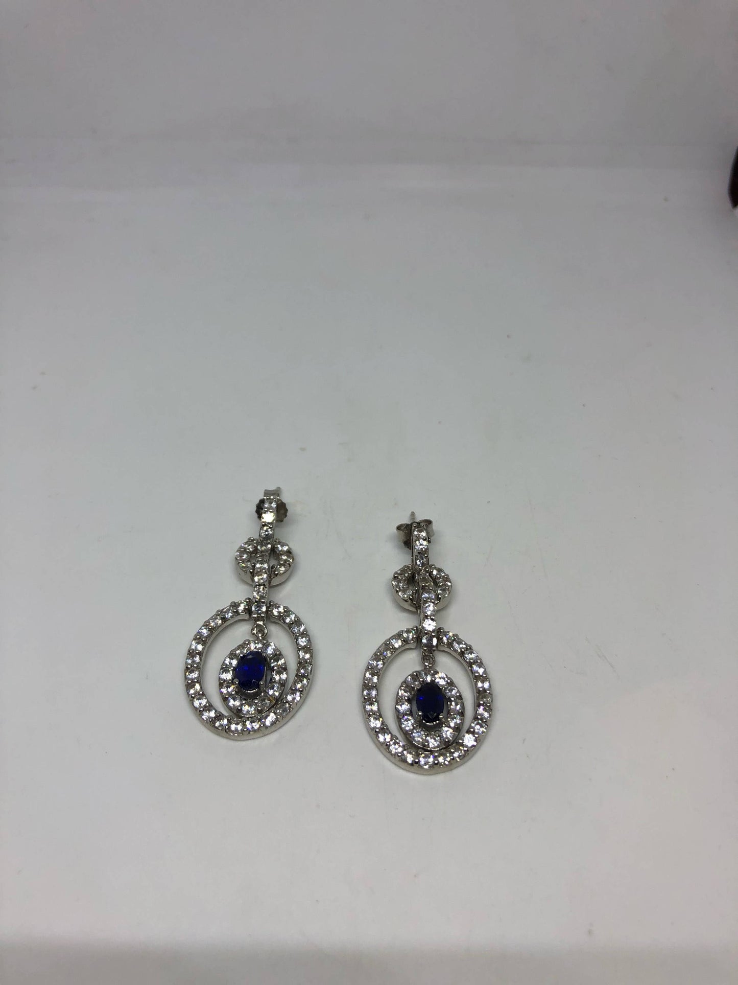 Vintage Mixed Genuine Blue and White Sapphire Gemstone Filigree 925 Sterling Silver Chandelier Earrings