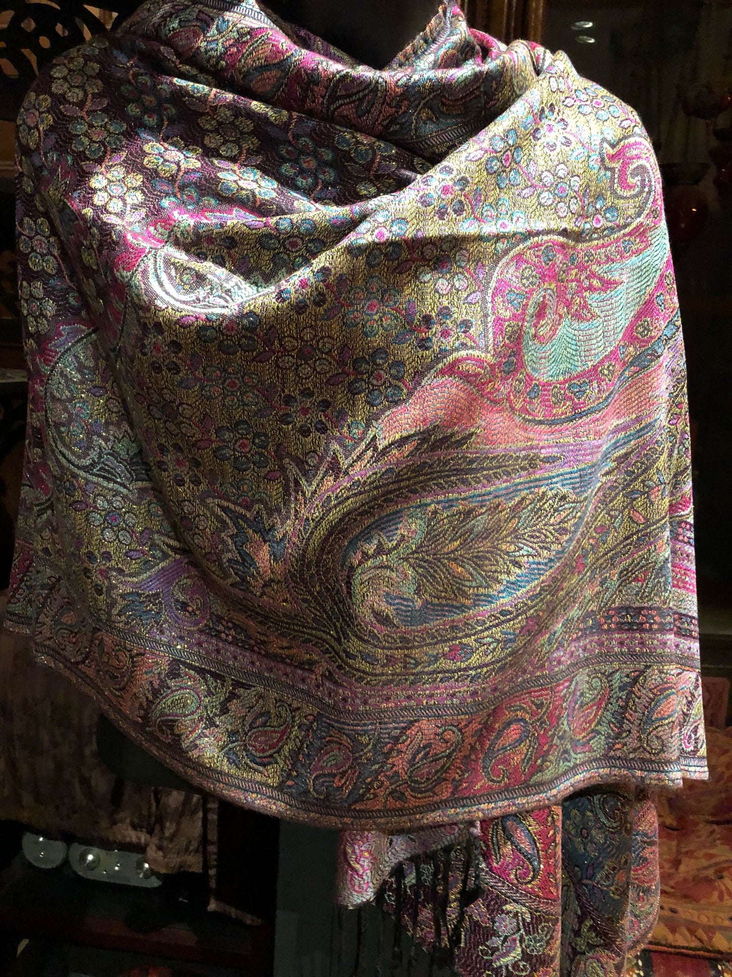 Vintage Metallic Gold Paisley Brocade Pashmina Scarf Wrap