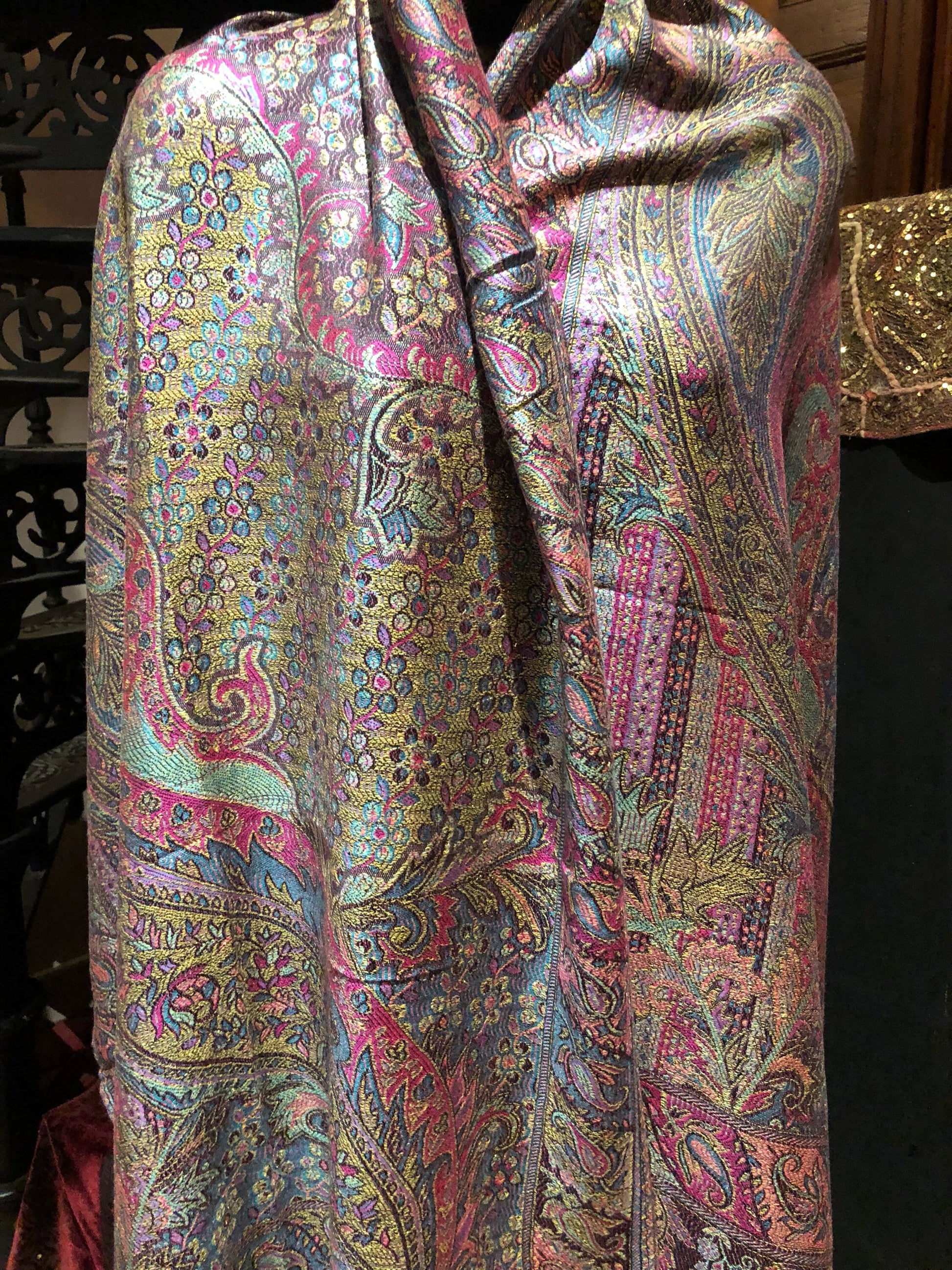 Vintage Metallic Gold Paisley Brocade Pashmina Scarf Wrap