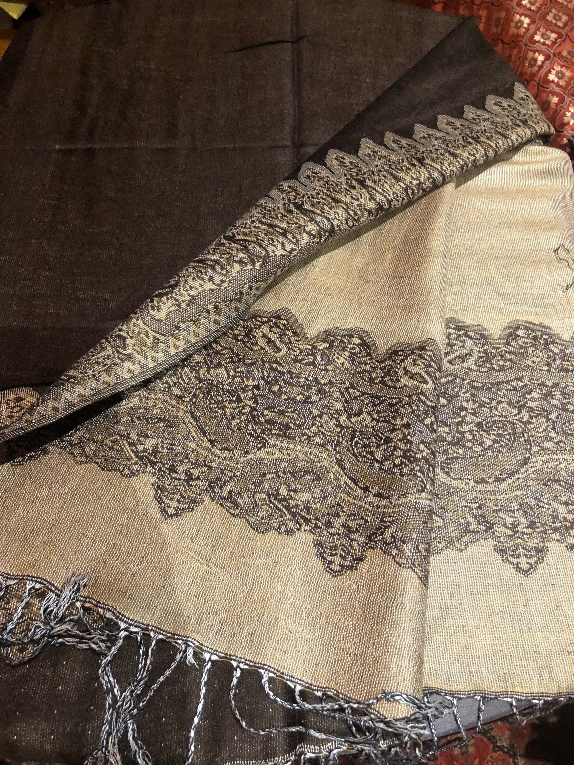 Vintage biege and Brown Paisley Brocade Pashmina Scarf Wrap