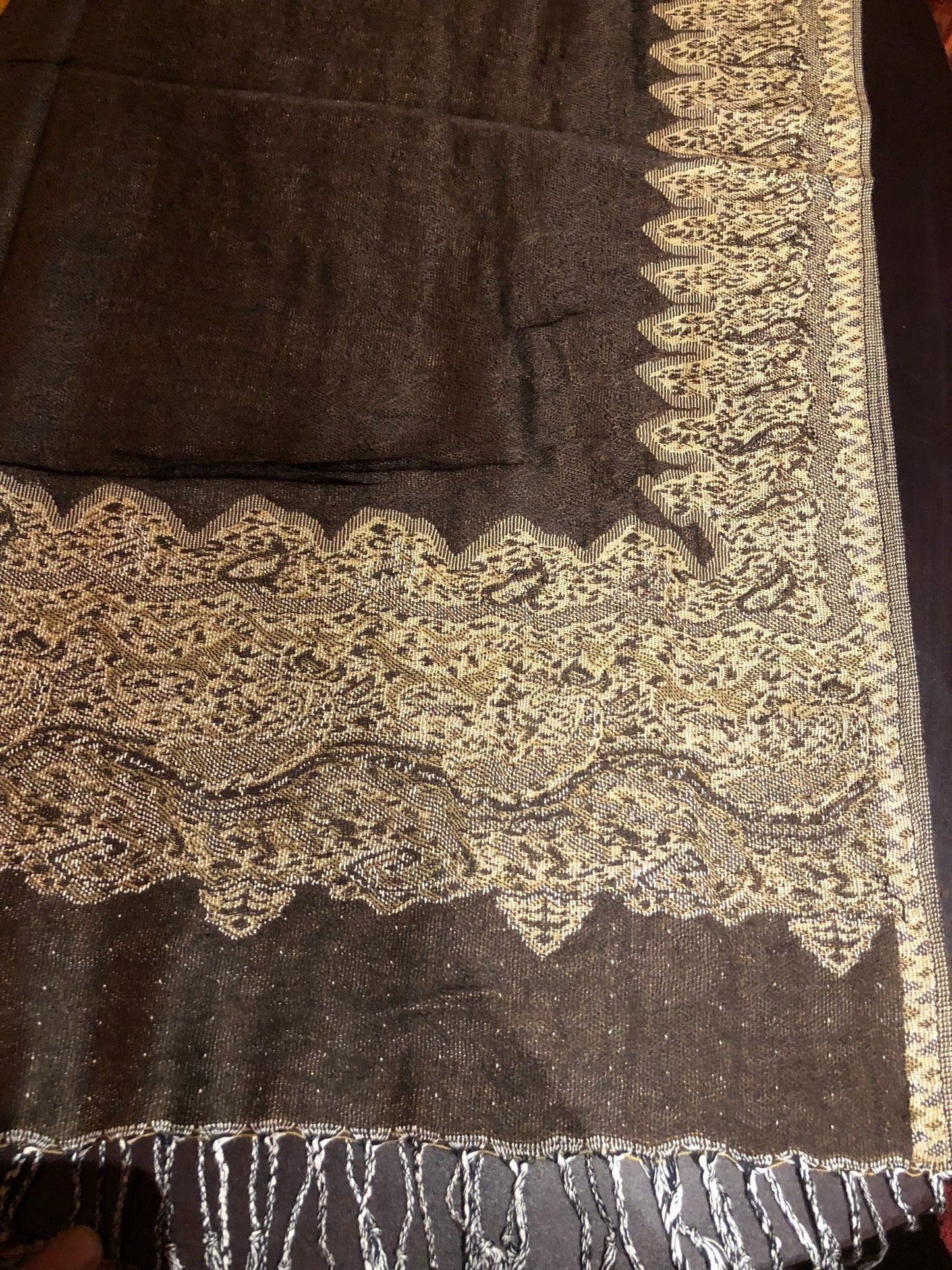 Vintage biege and Brown Paisley Brocade Pashmina Scarf Wrap