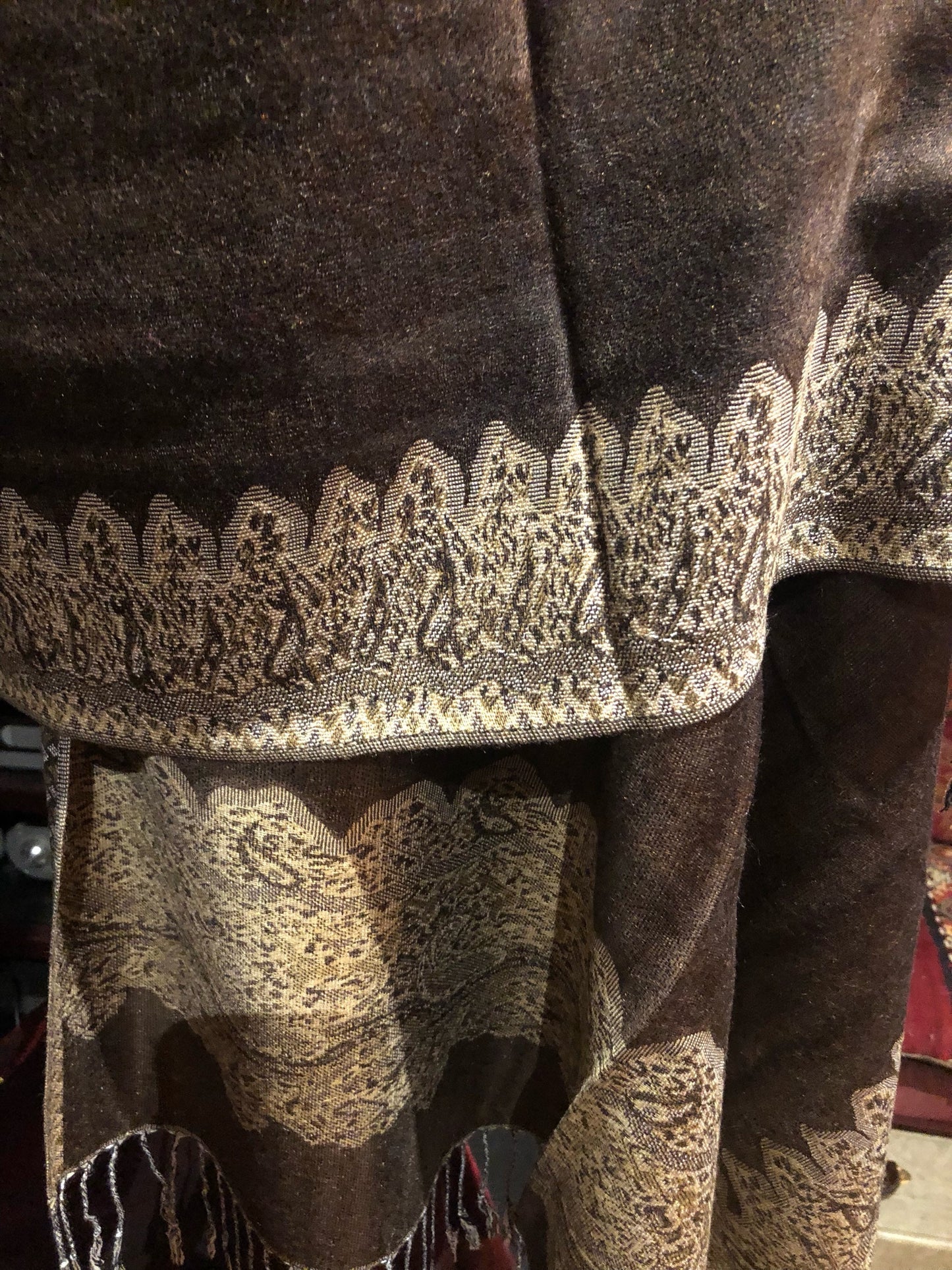 Vintage biege and Brown Paisley Brocade Pashmina Scarf Wrap