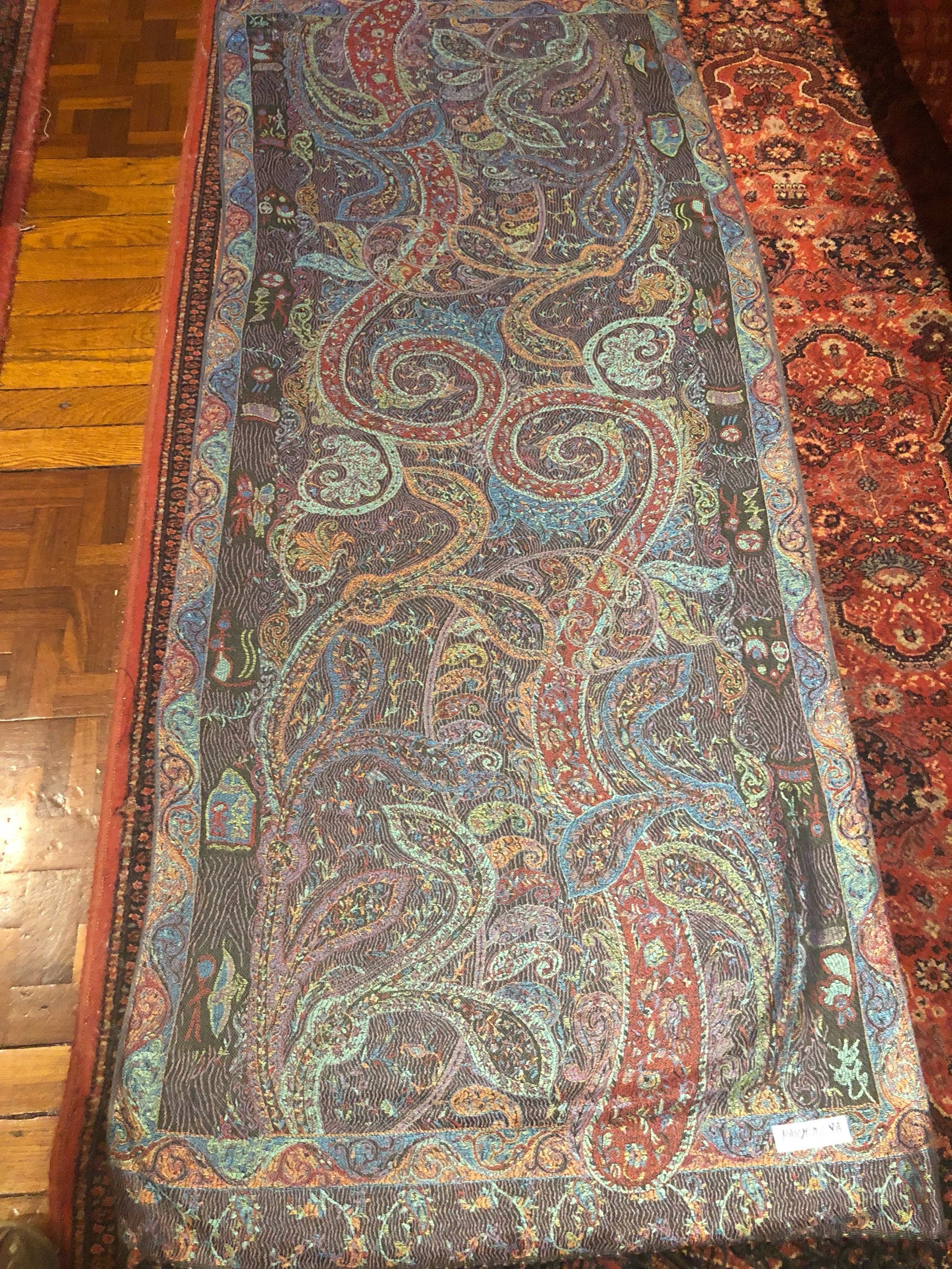 Vintage Black Red Paisley Brocade Pashmina Scarf Wrap Shawl