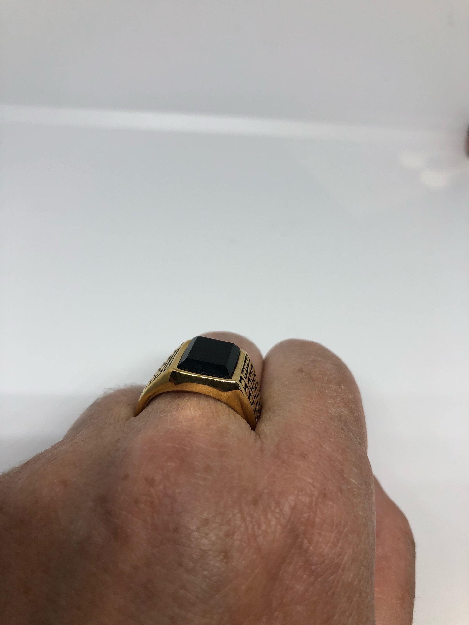 Vintage Gothic Gold Finished Stainless Steel Black Onyx Genuine Ring