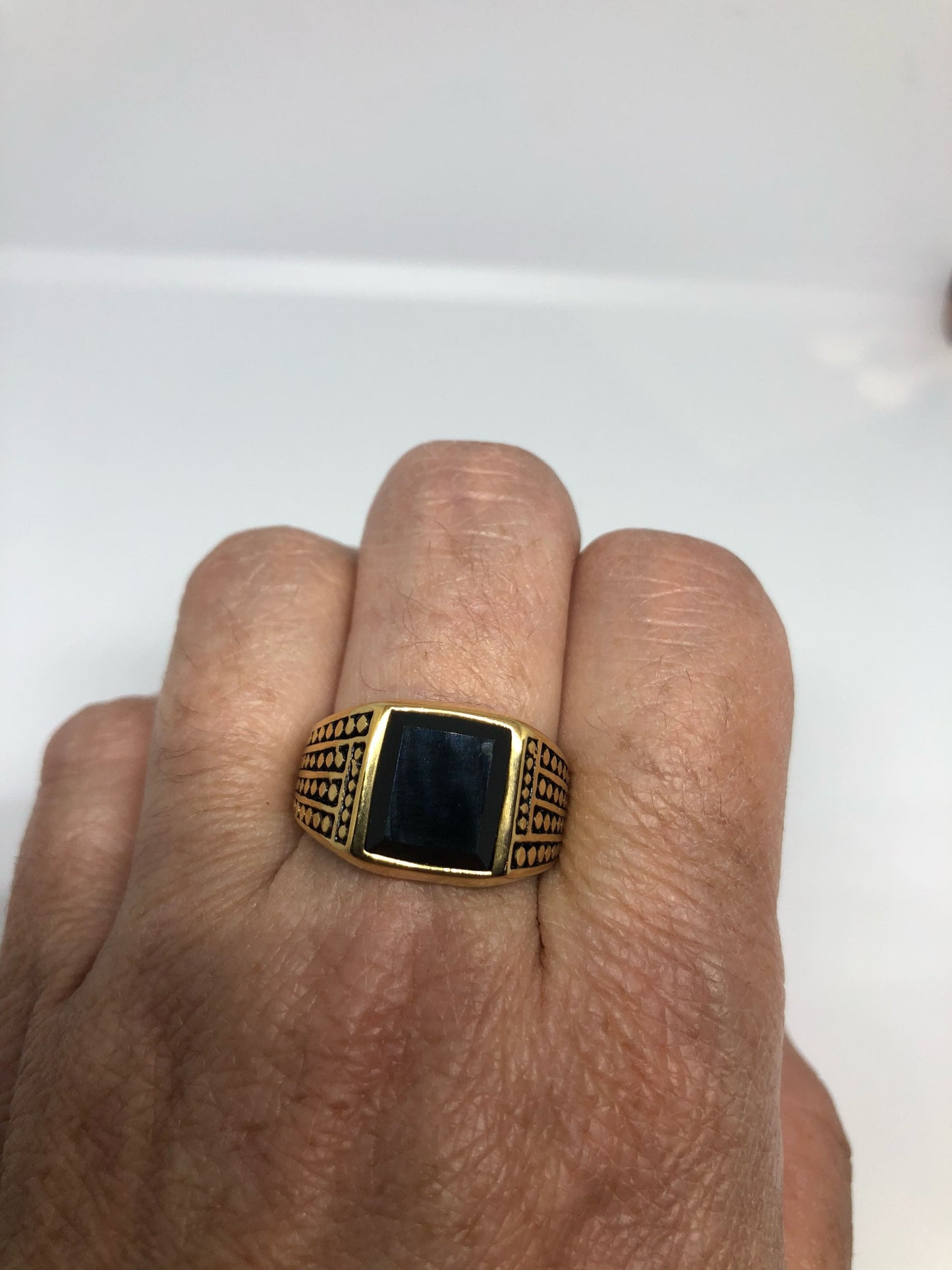 Vintage Gothic Gold Finished Stainless Steel Black Onyx Genuine Ring