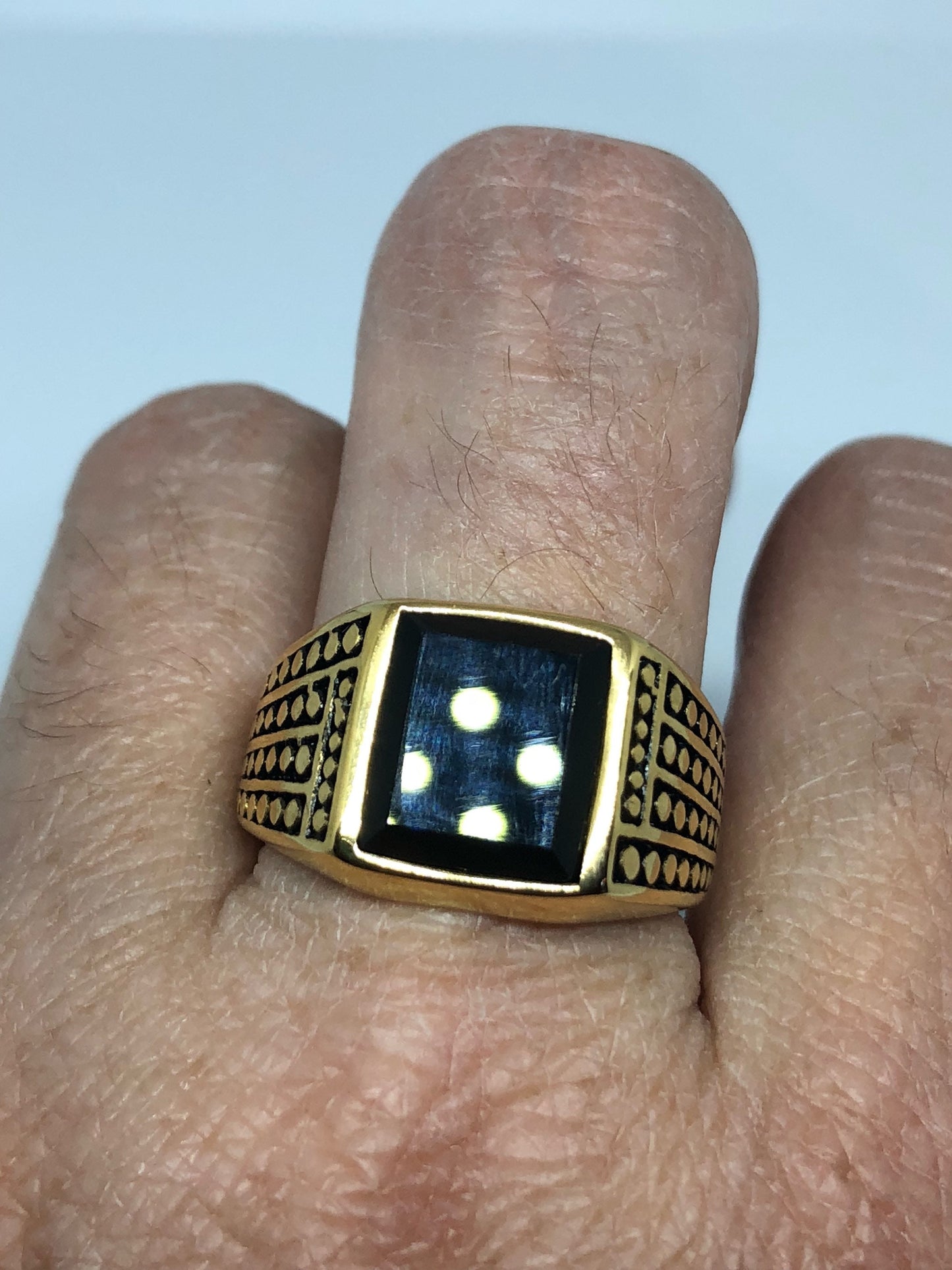 Vintage Gothic Gold Finished Stainless Steel Black Onyx Genuine Ring