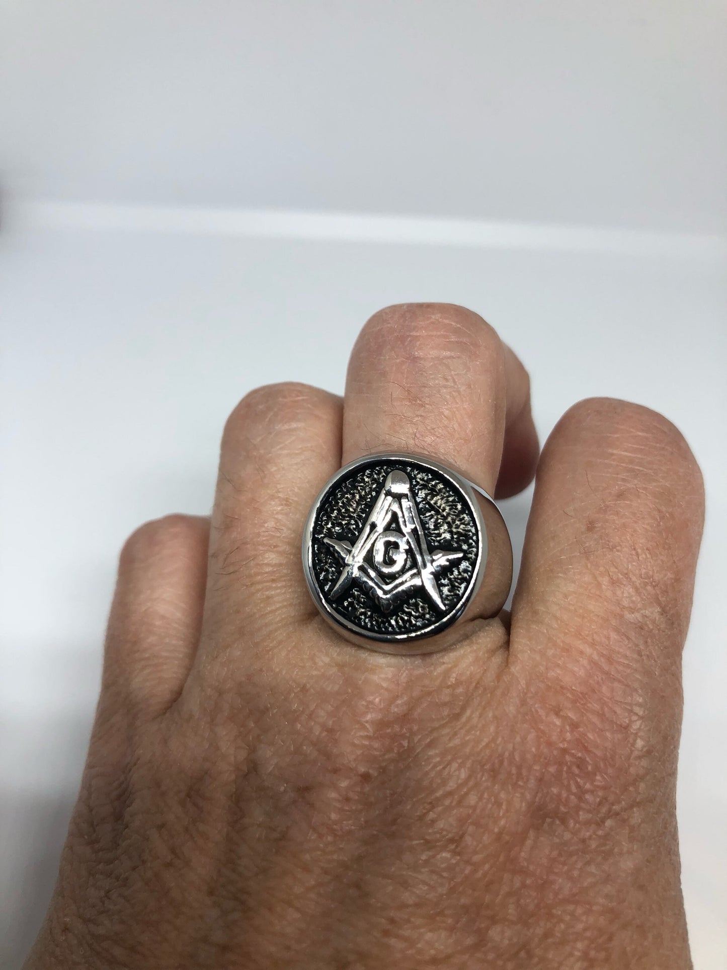 Vintage Gothic Stainless Steel Free Mason G Mens Ring