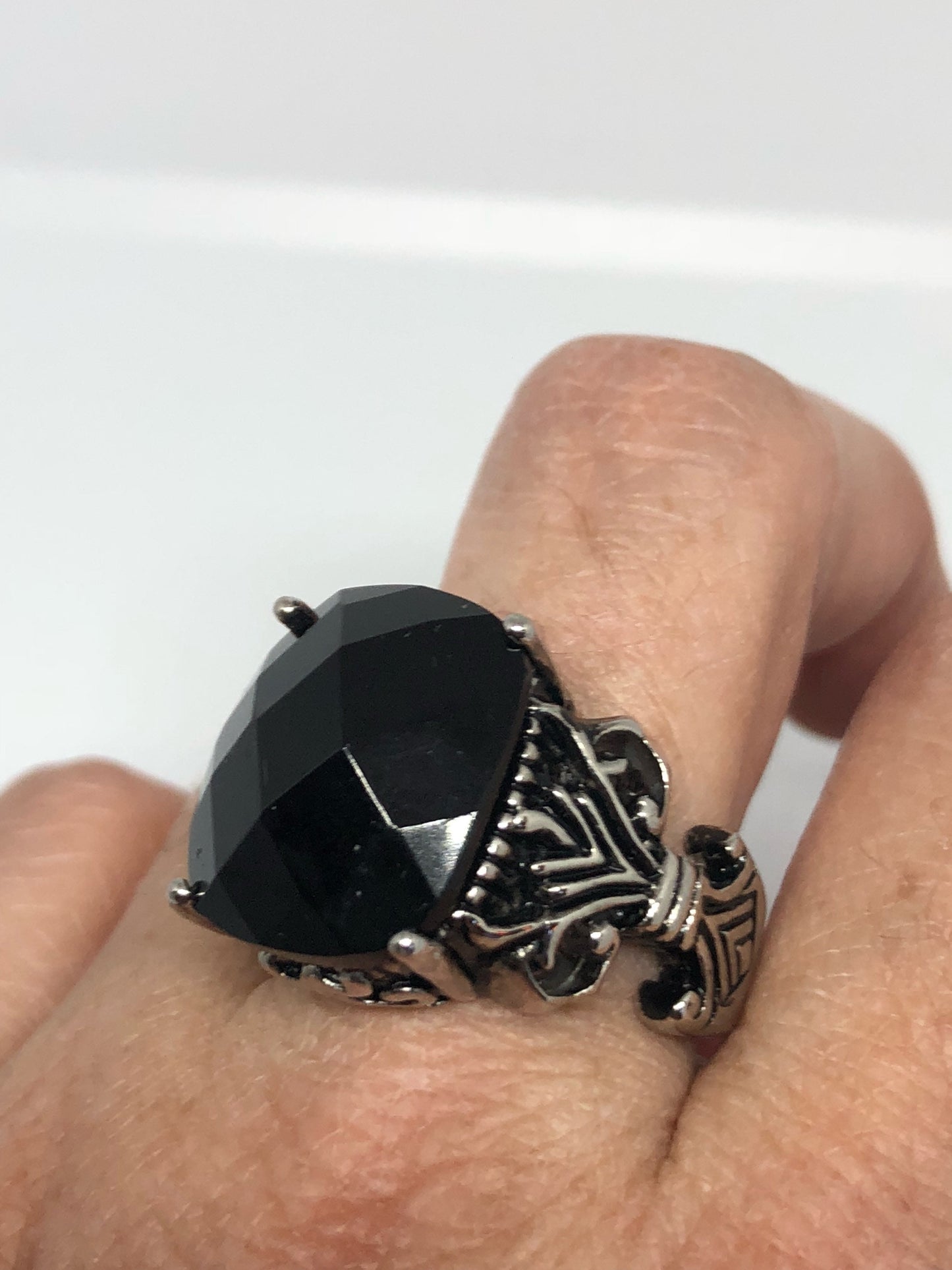 Vintage Gothic Black faceted jet Stainless Steel Mens Ring