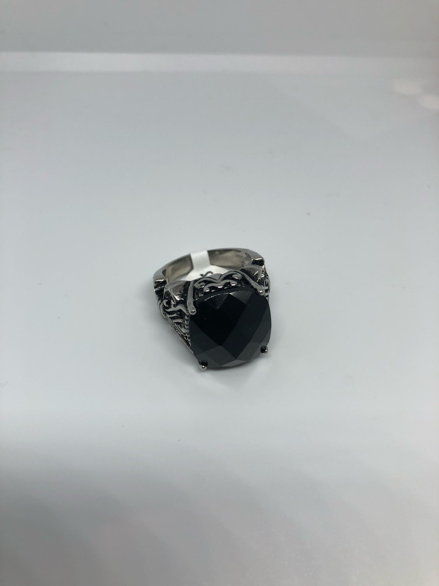 Vintage Gothic Black faceted jet Stainless Steel Mens Ring