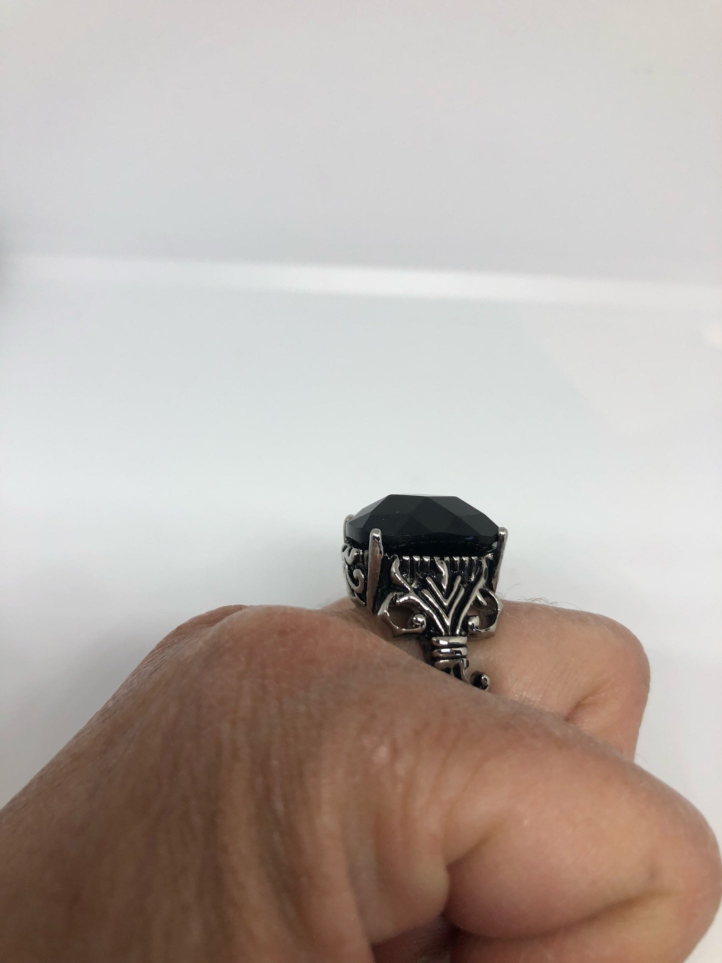 Vintage Gothic Black faceted jet Stainless Steel Mens Ring