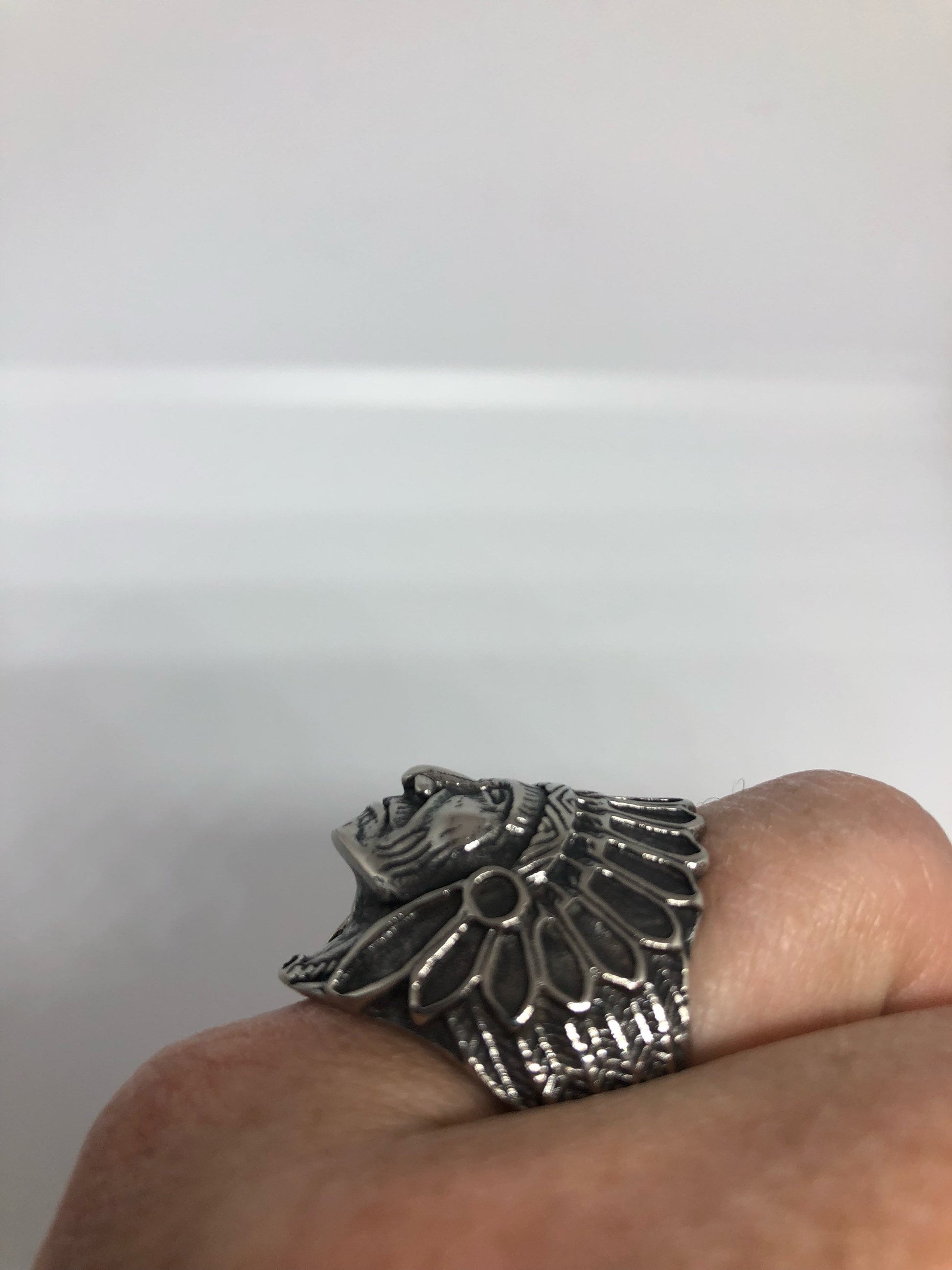 Vintage Native American Chief Silver Stainless Steel Mens Ring