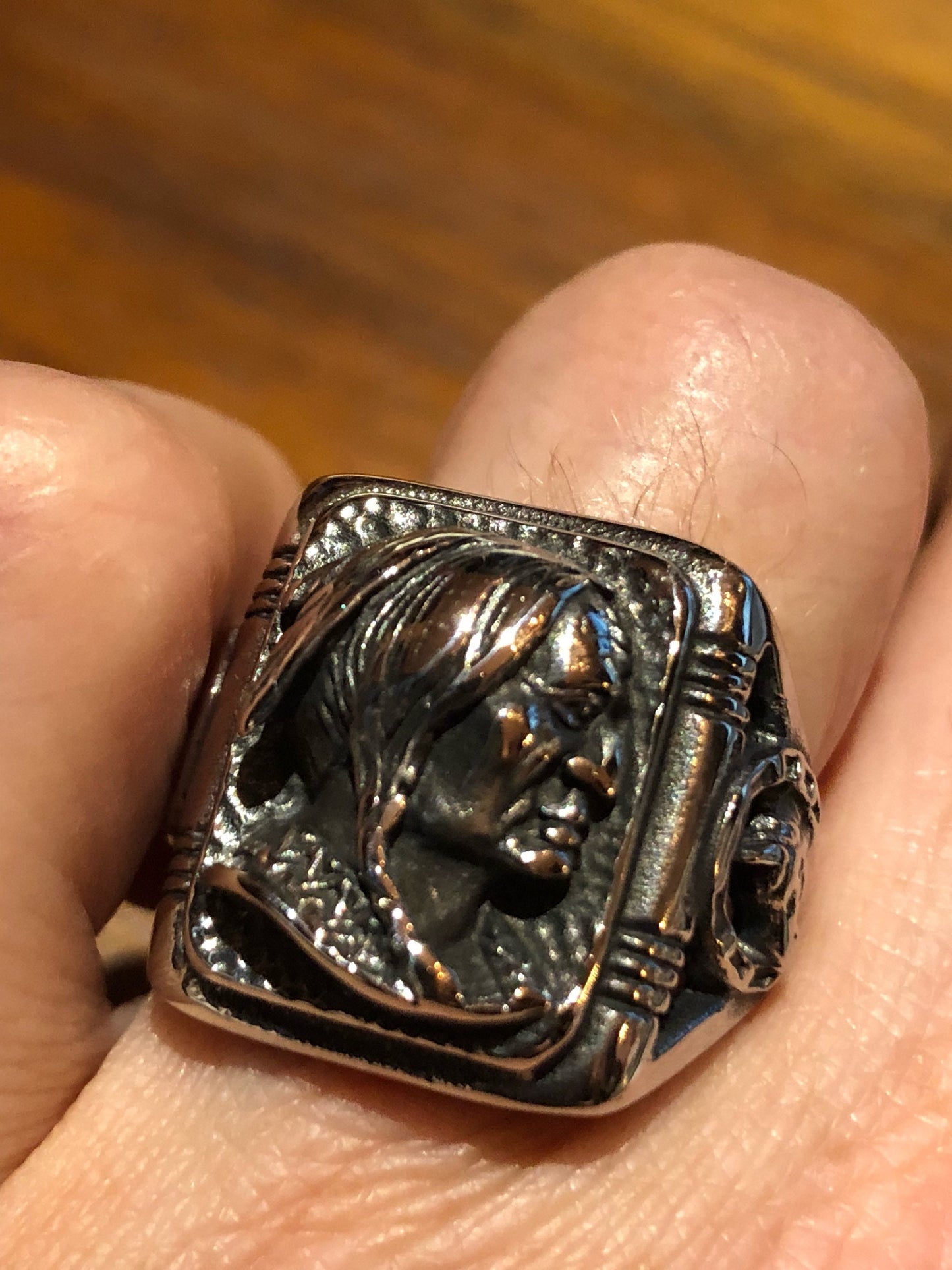 Vintage Native American Indian Chief Silver Stainless Steel Mens Ring