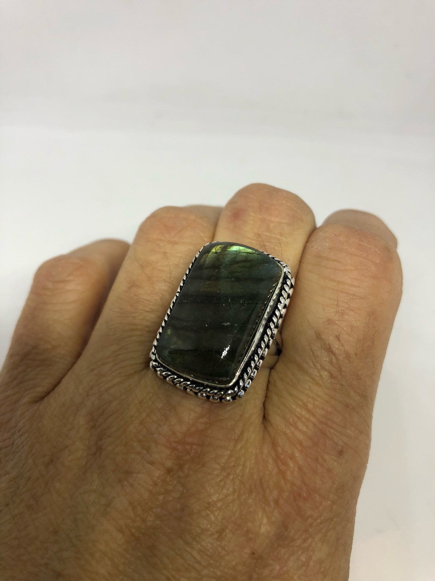 Vintage Large Blue Green Labradorite Stone Silver Ring