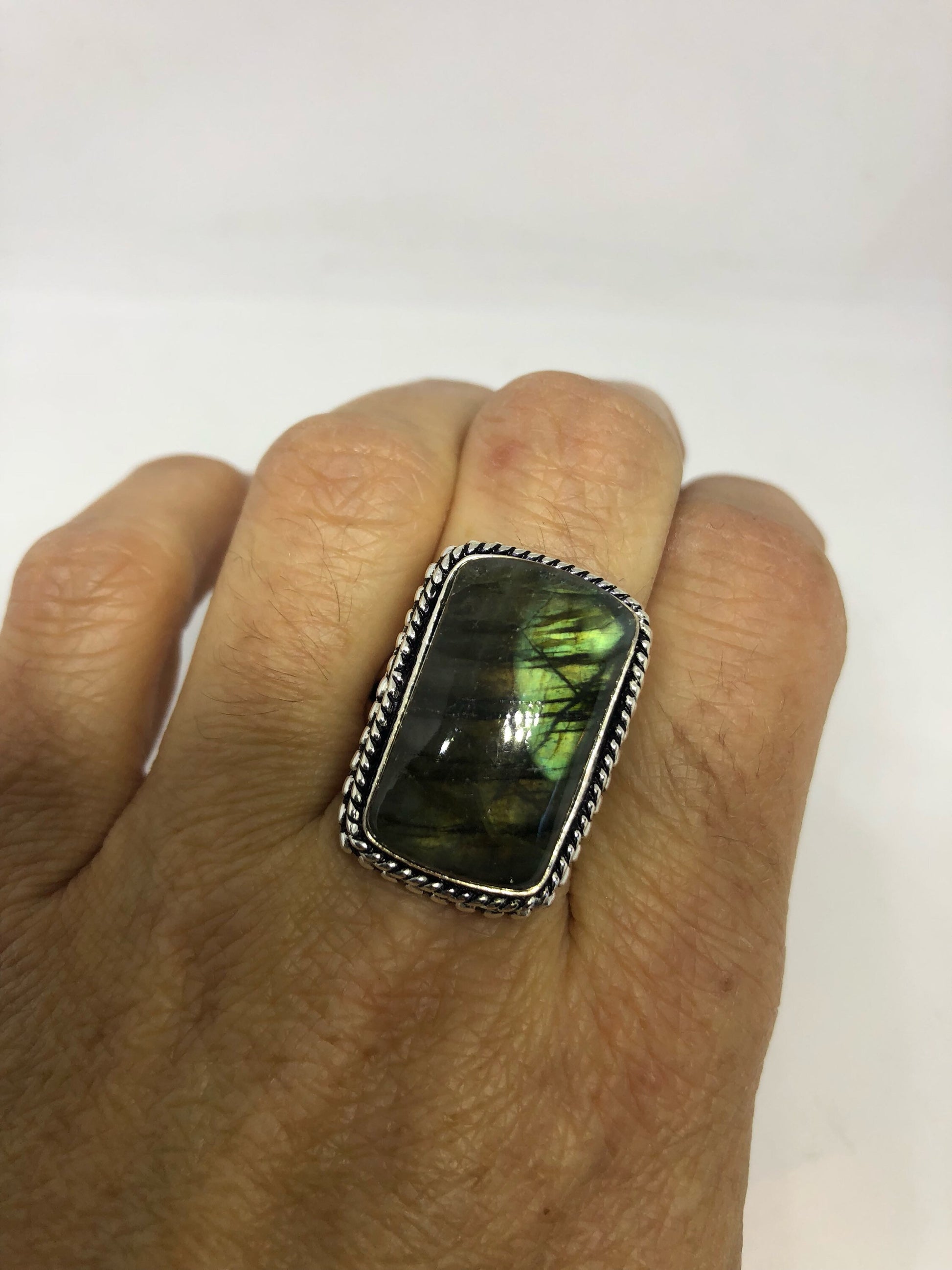 Vintage Large Blue Green Labradorite Stone Silver Ring