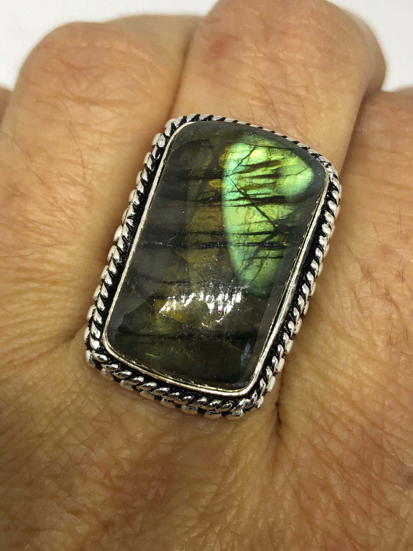 Vintage Large Blue Green Labradorite Stone Silver Ring