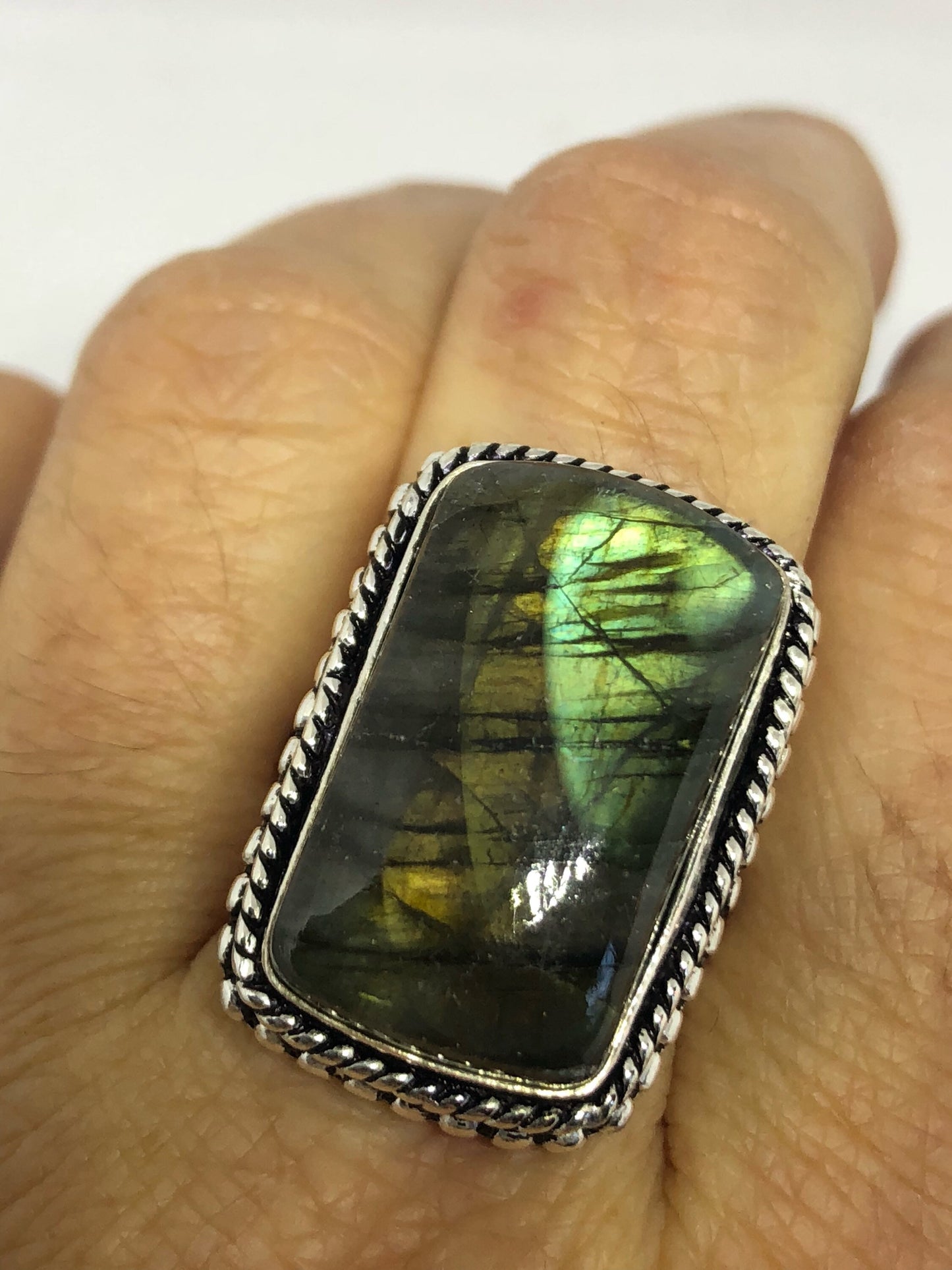 Vintage Large Blue Green Labradorite Stone Silver Ring