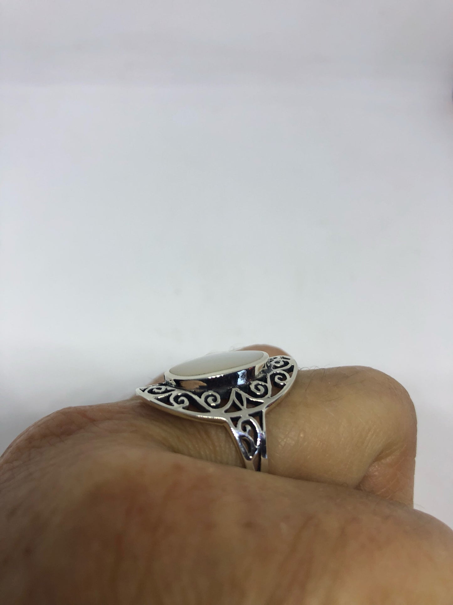 Antique White Mother of Pearl Filigree Sterling Silver Ring