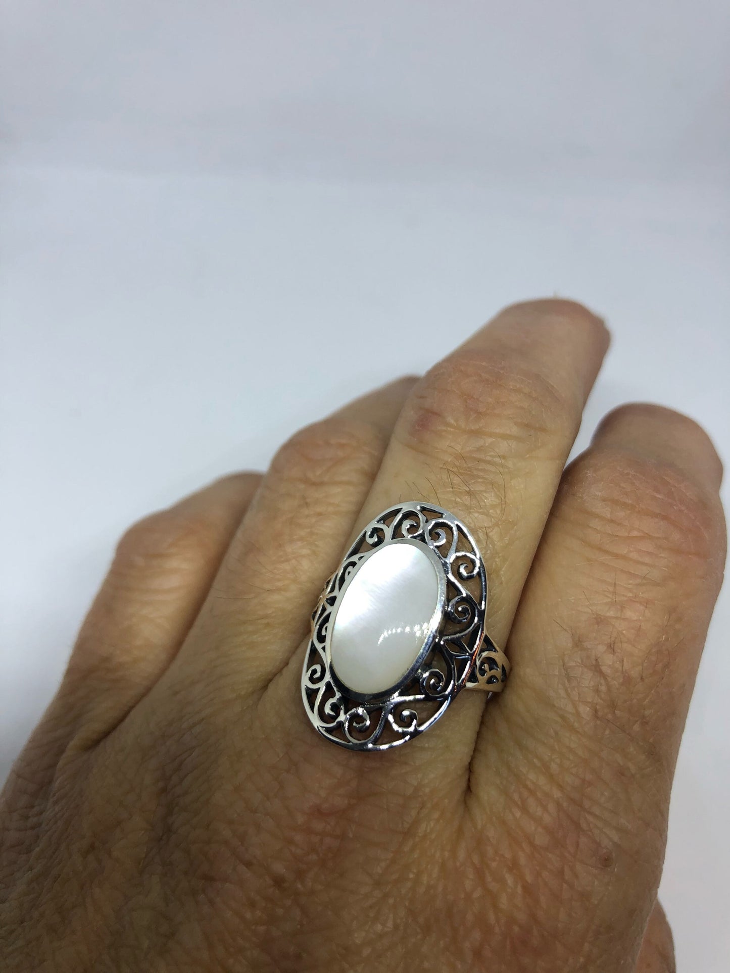 Antique White Mother of Pearl Filigree Sterling Silver Ring