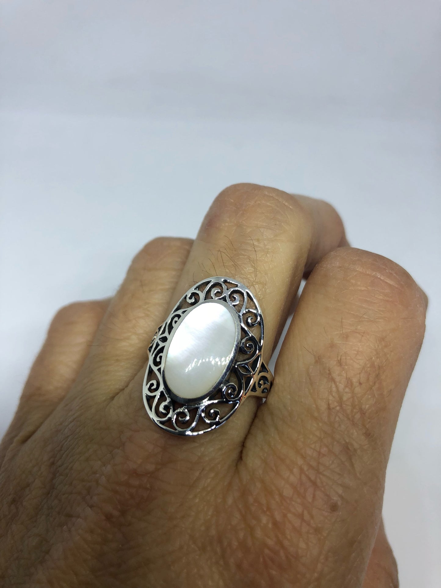 Antique White Mother of Pearl Filigree Sterling Silver Ring