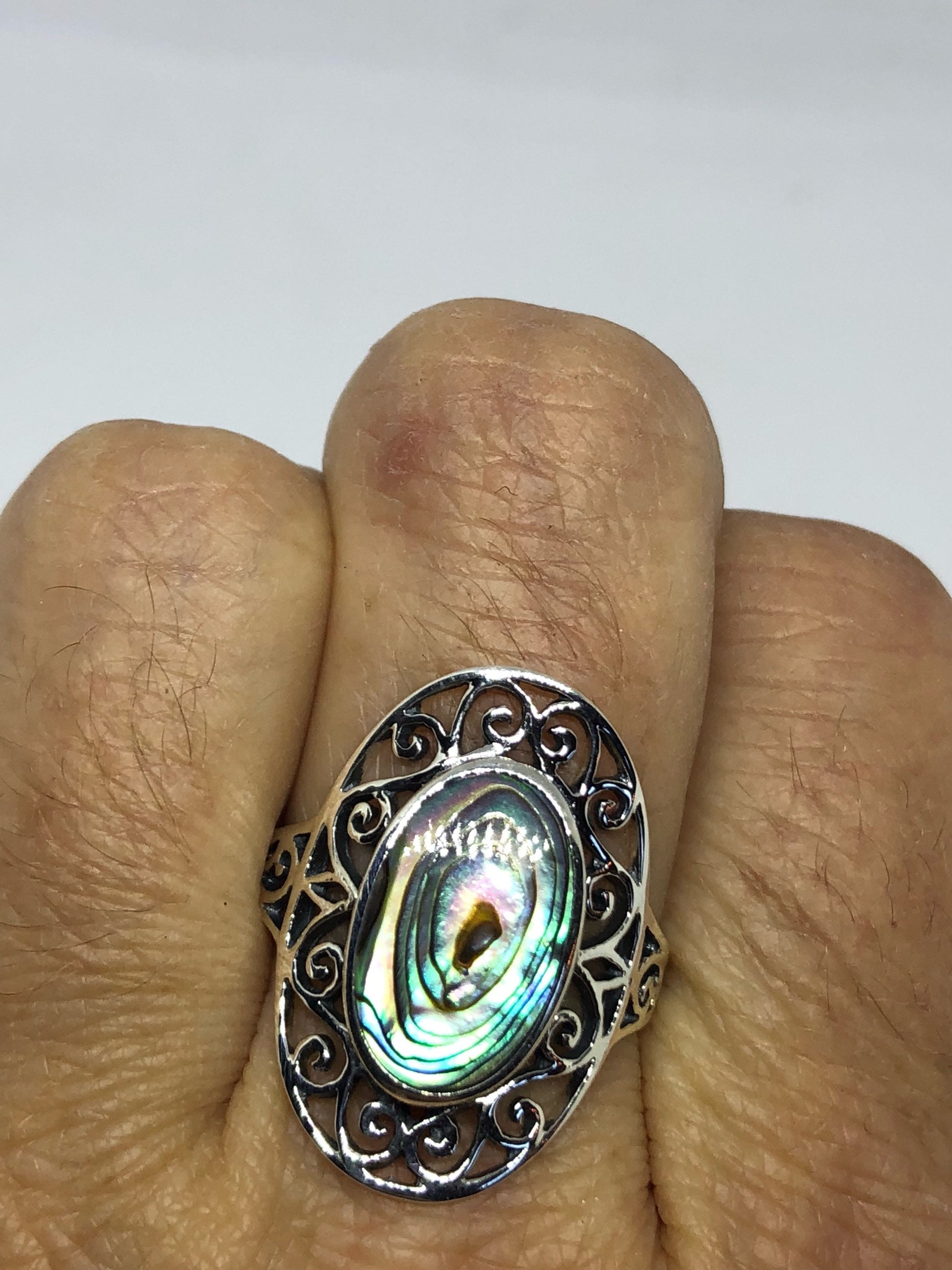 Antique Green Abalone Celtic Knot Filigree Sterling Silver Ring