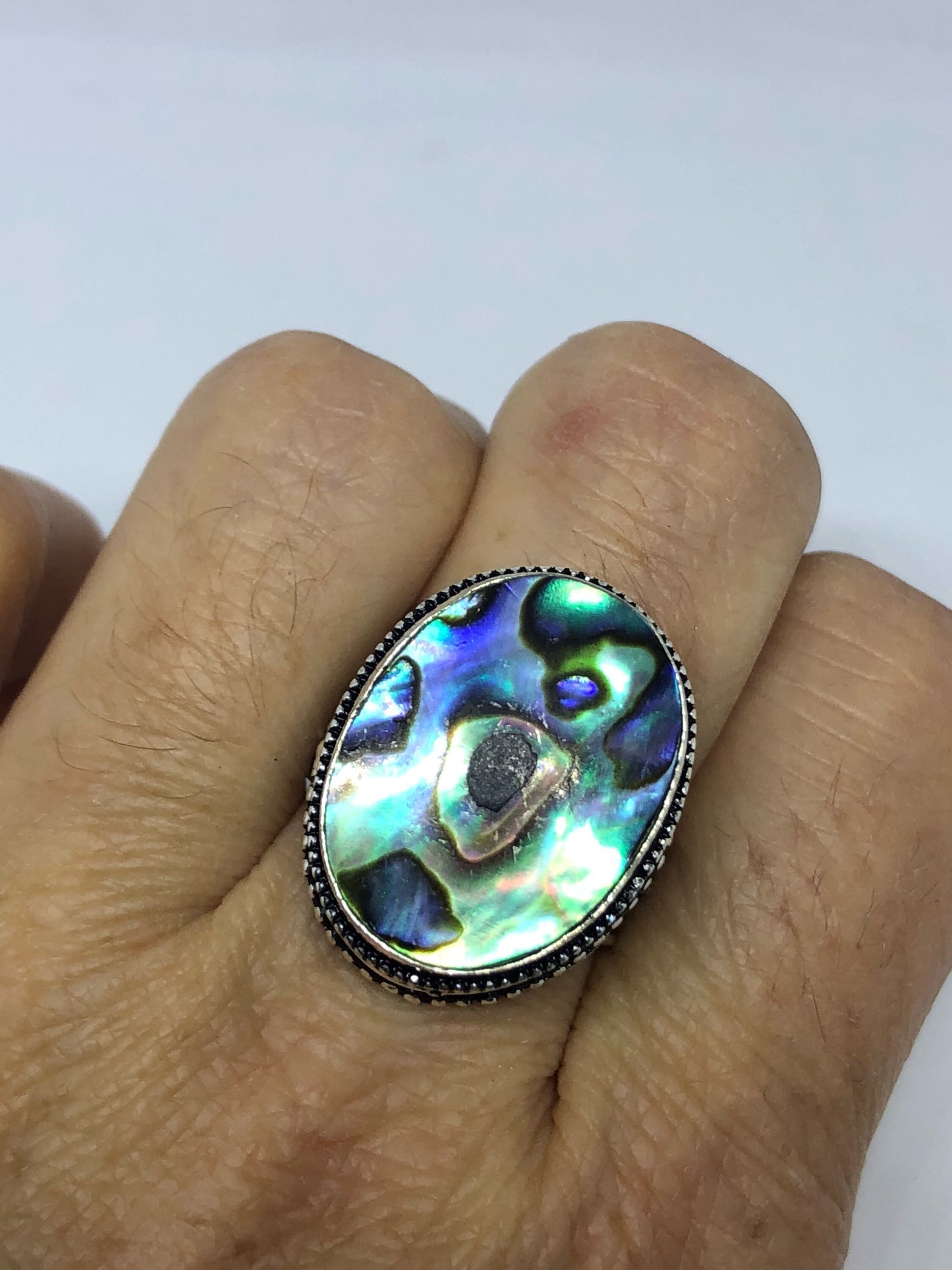 Antique Green Abalone Gothic Filigree Silver Ring