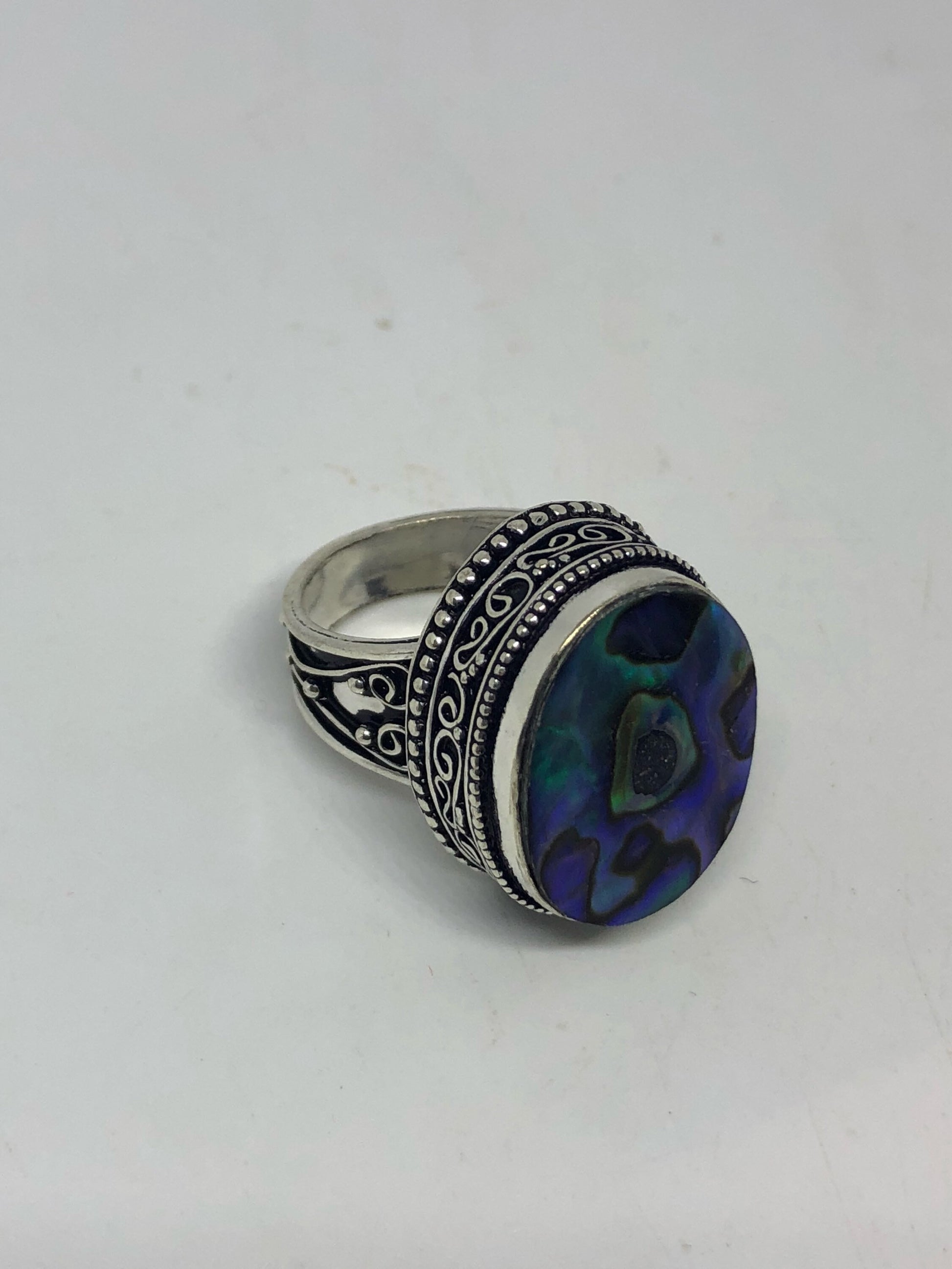 Antique Green Abalone Gothic Filigree Silver Ring