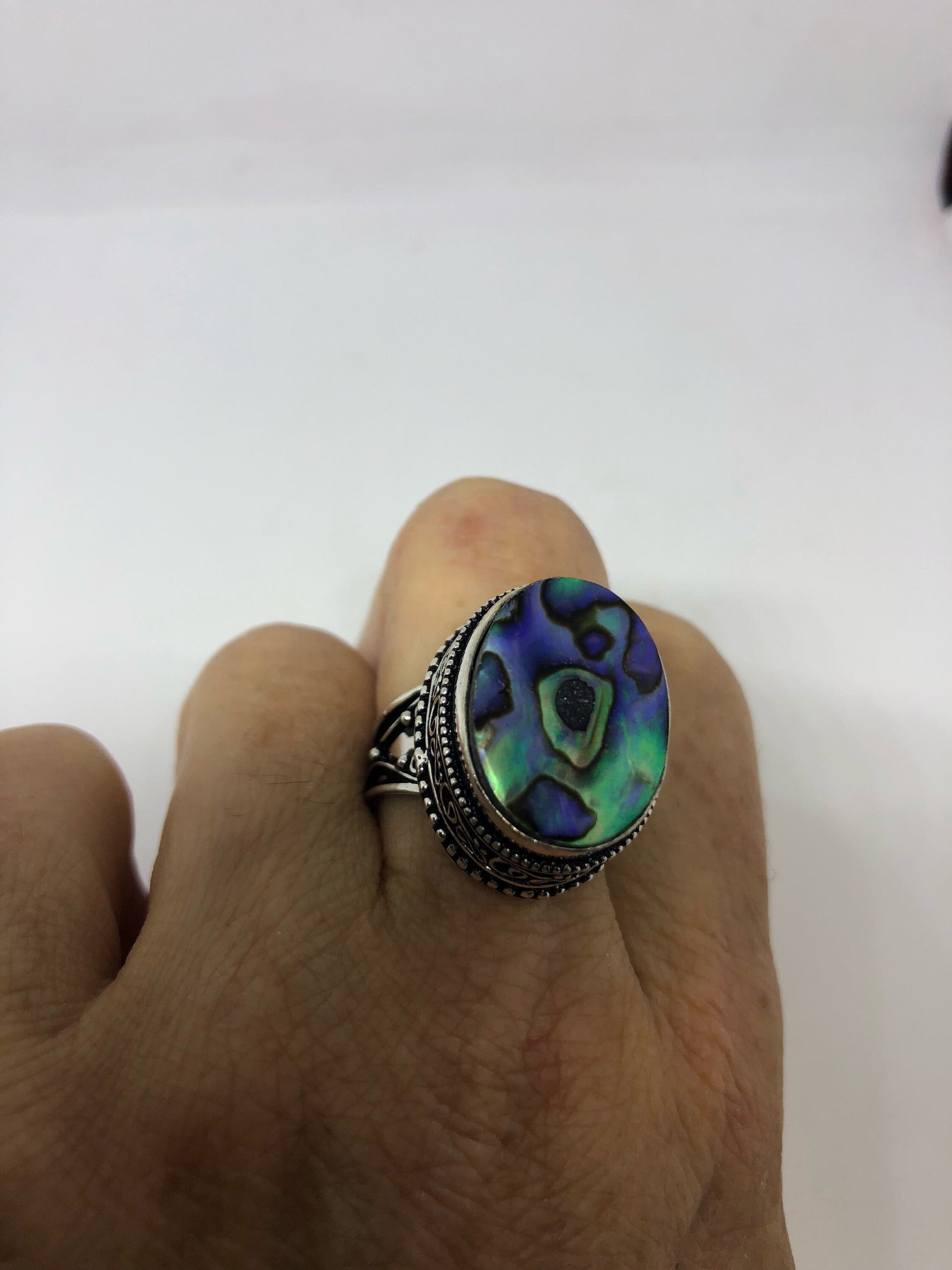 Antique Green Abalone Gothic Filigree Silver Ring