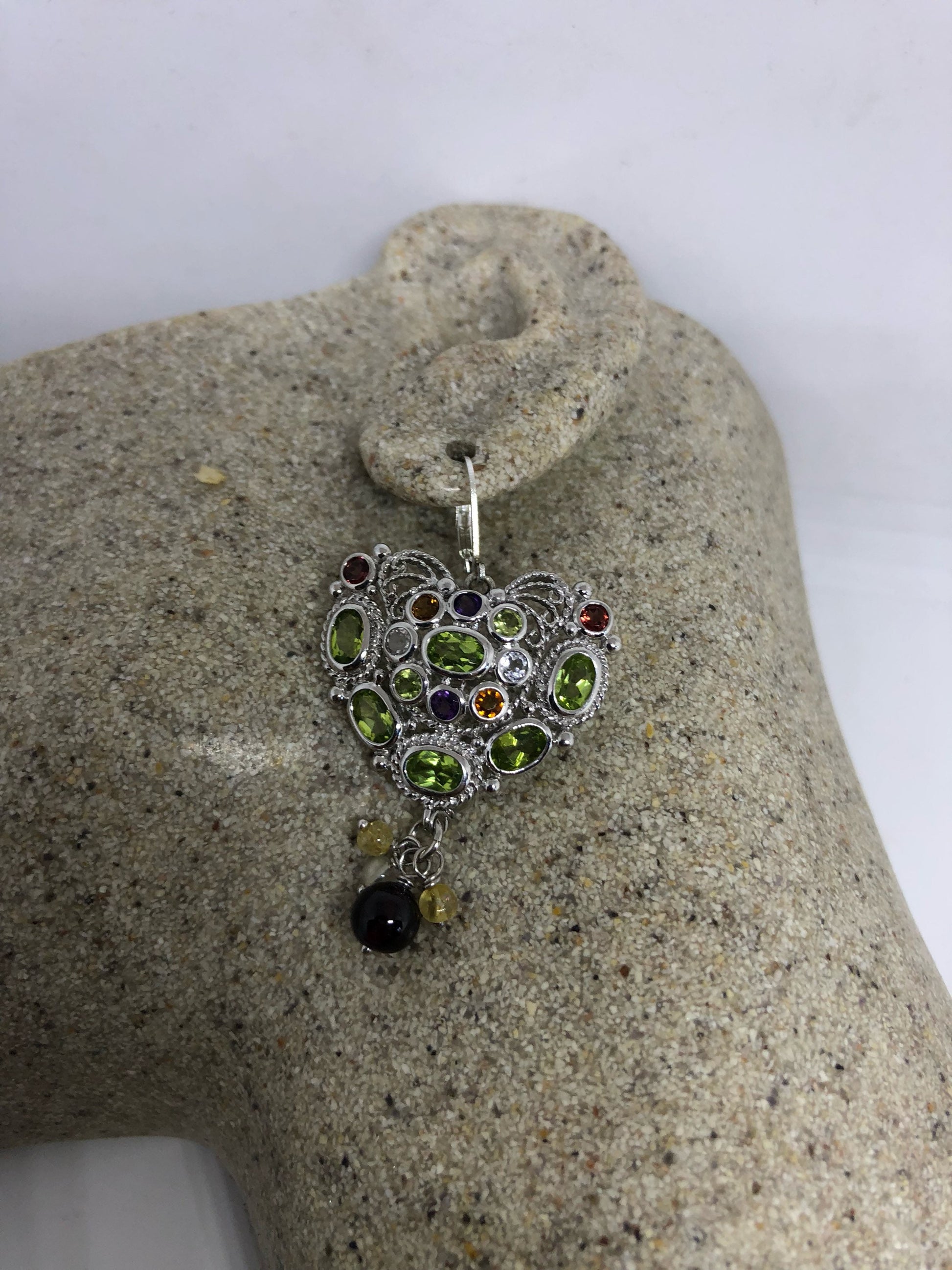 Vintage 925 Sterling Silver Genuine Green Peridot and Mixed Gemstone Heart Earrings