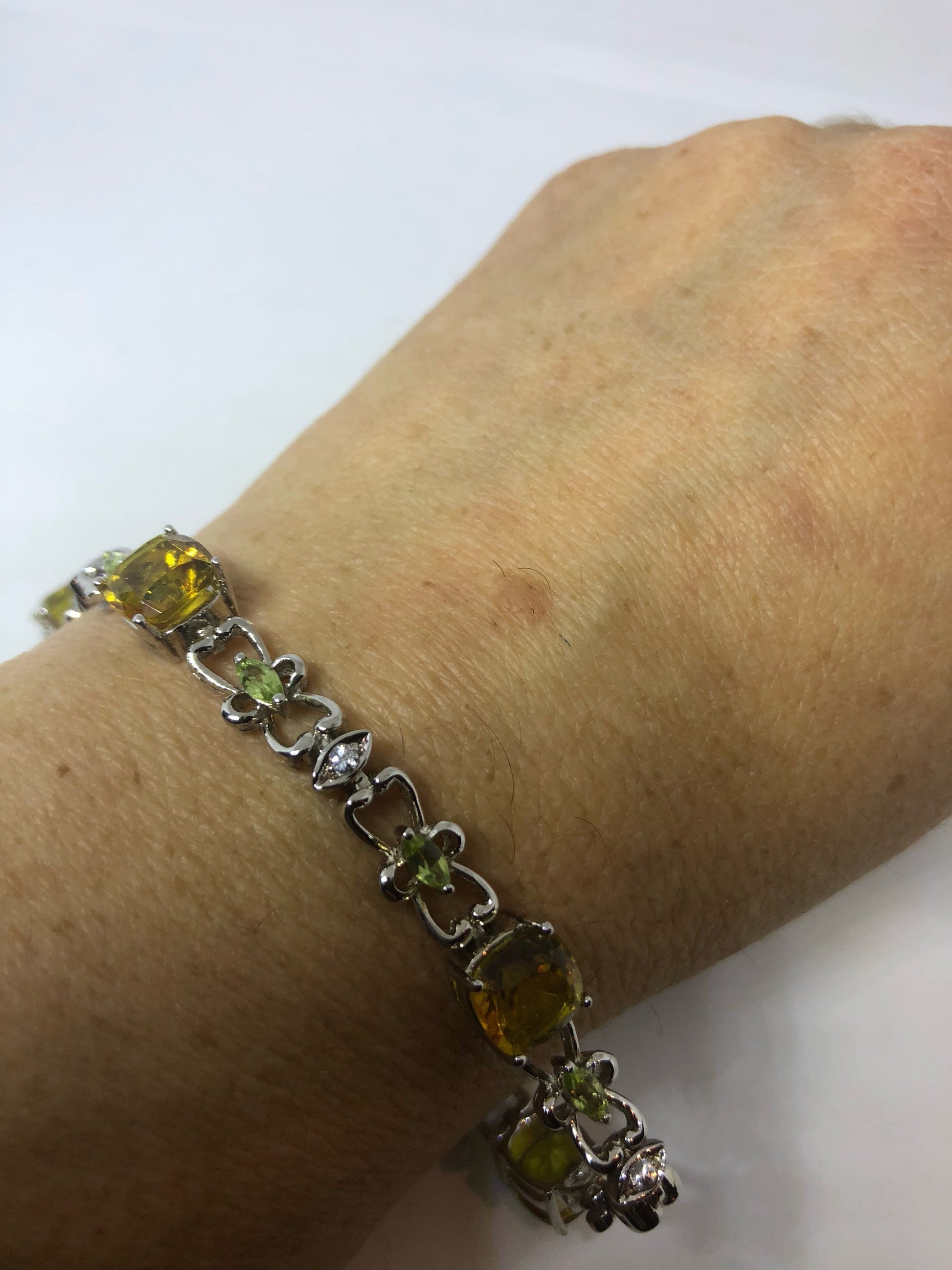 Vintage Gold Citrine Bracelet Deco 925 Sterling Silver Tennis