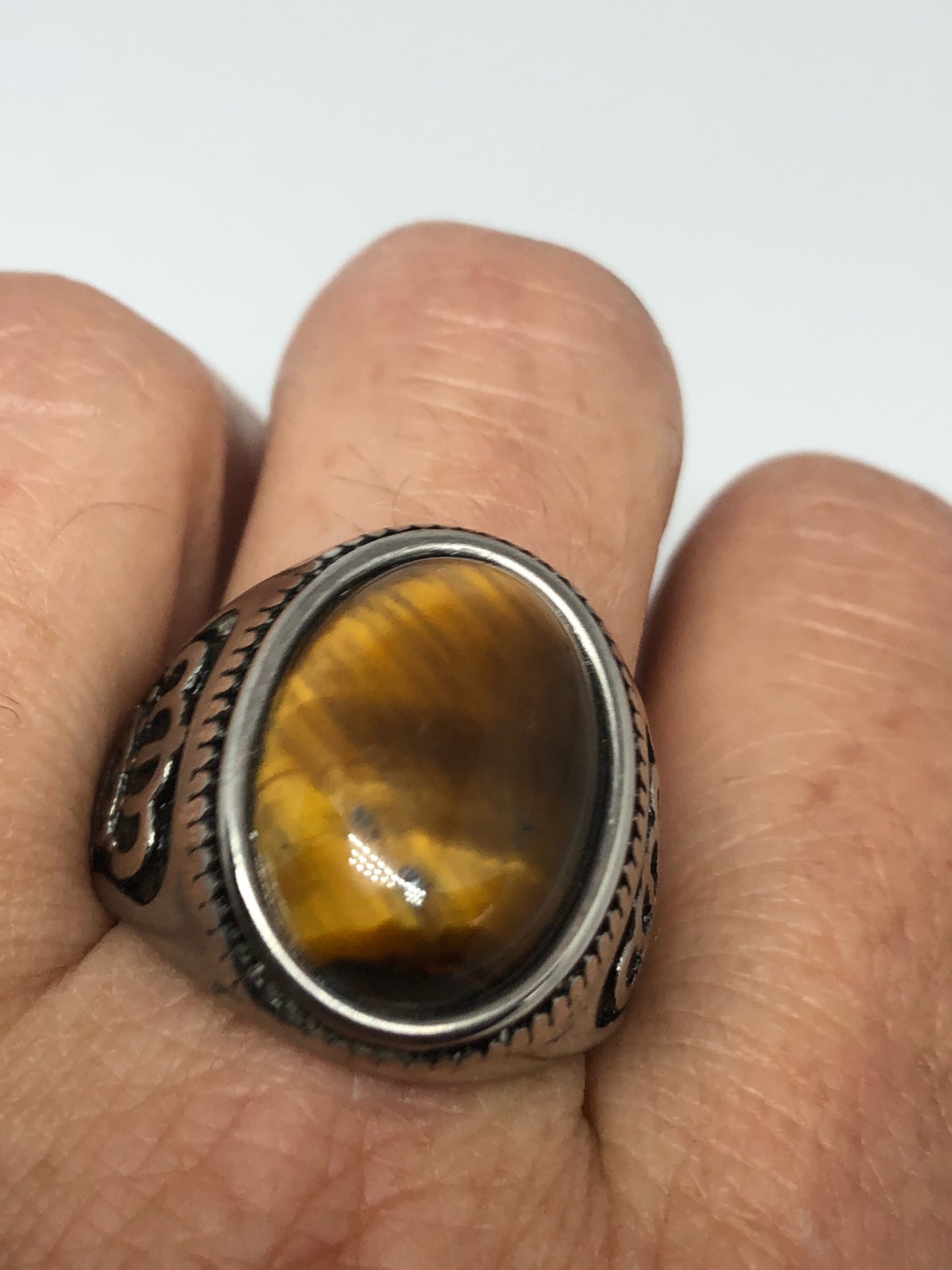 Vintage Gothic Gold Finished Stainless Steel Genuine Tigers Eye Crown Ring