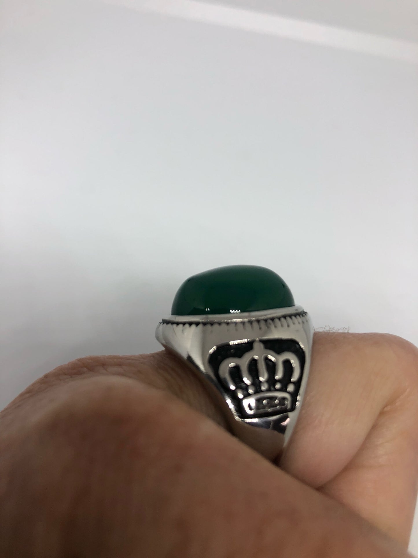 Vintage Gothic Silver Stainless Steel Genuine Green Onyx Mens Ring