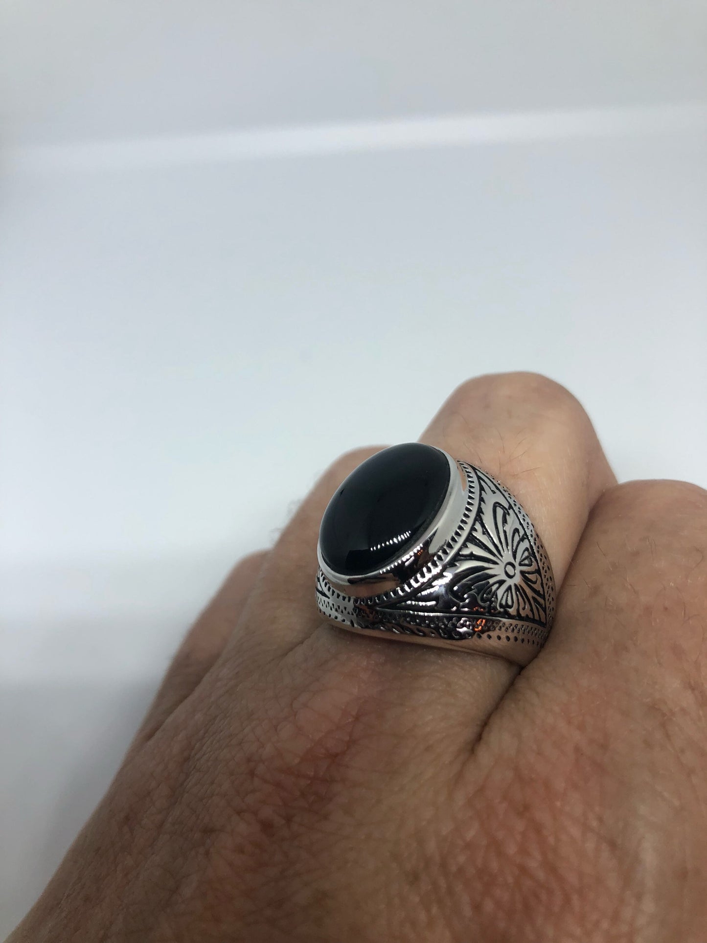 Vintage Celtic Genuine Black Onyx 925 Sterling Silver Mens Ring