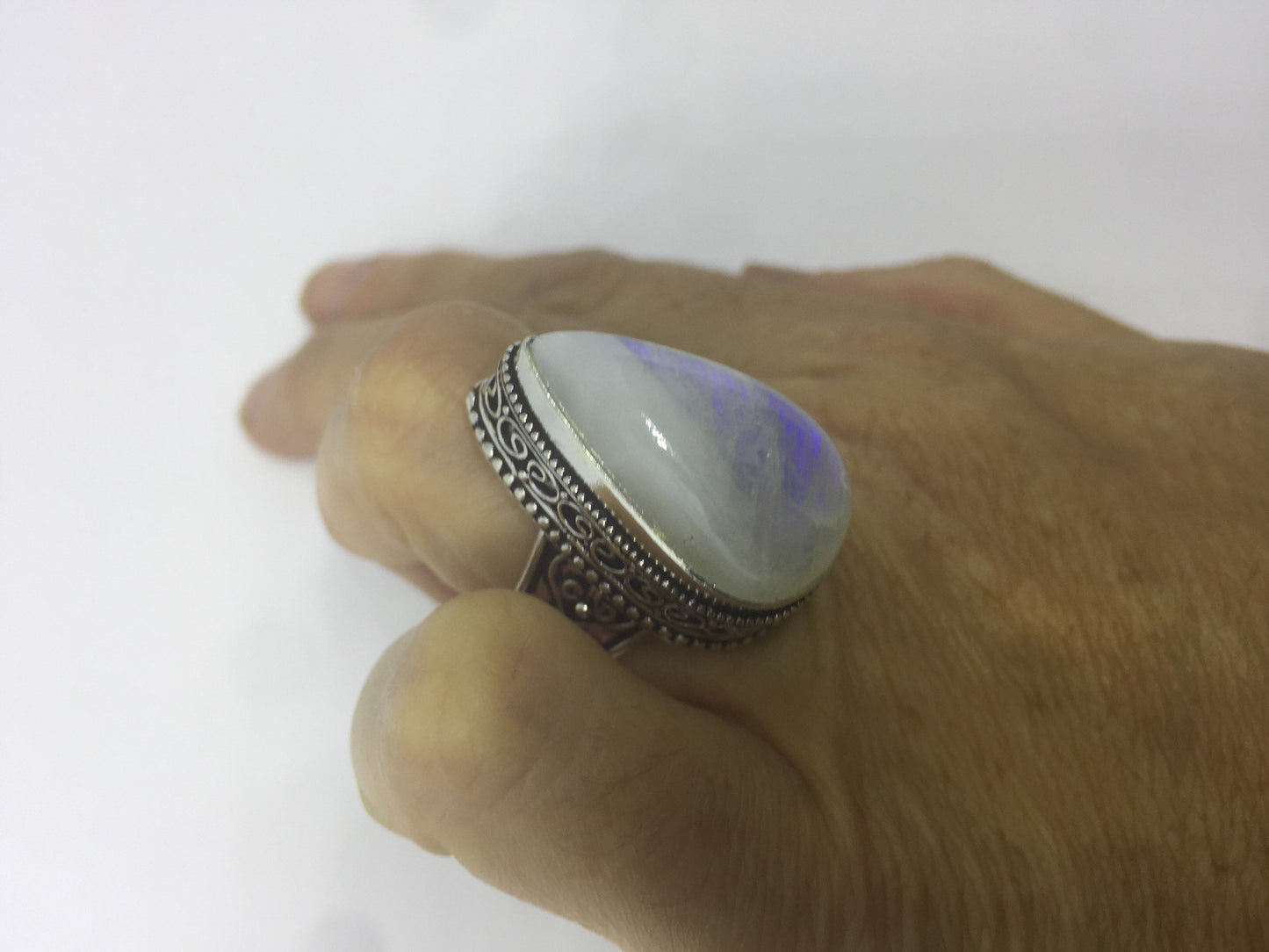 Vintage Genuine Blue White Rainbow Moonstone Ring