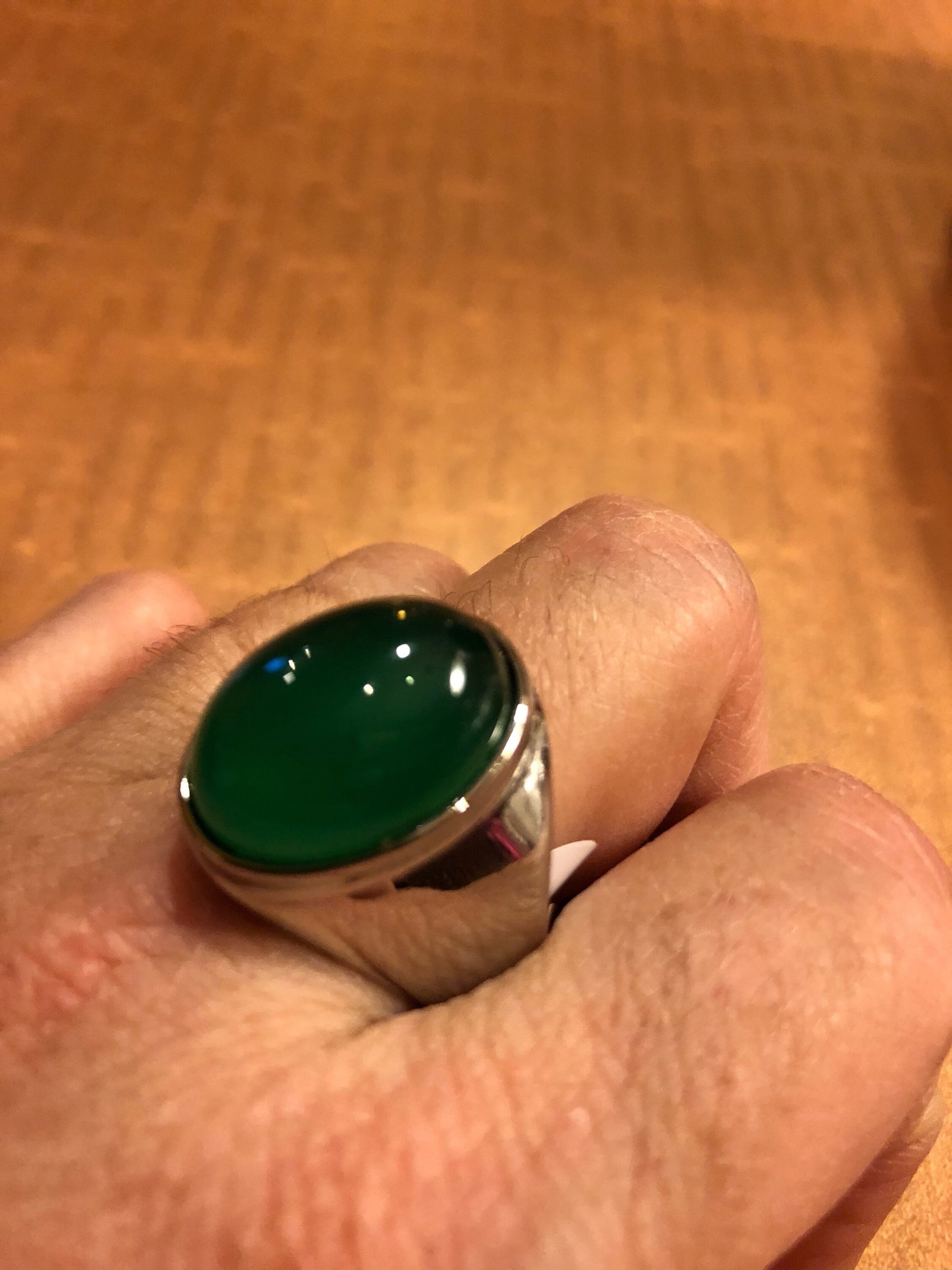 Vintage Gothic Silver Stainless Steel Genuine Green Onyx Mens Ring