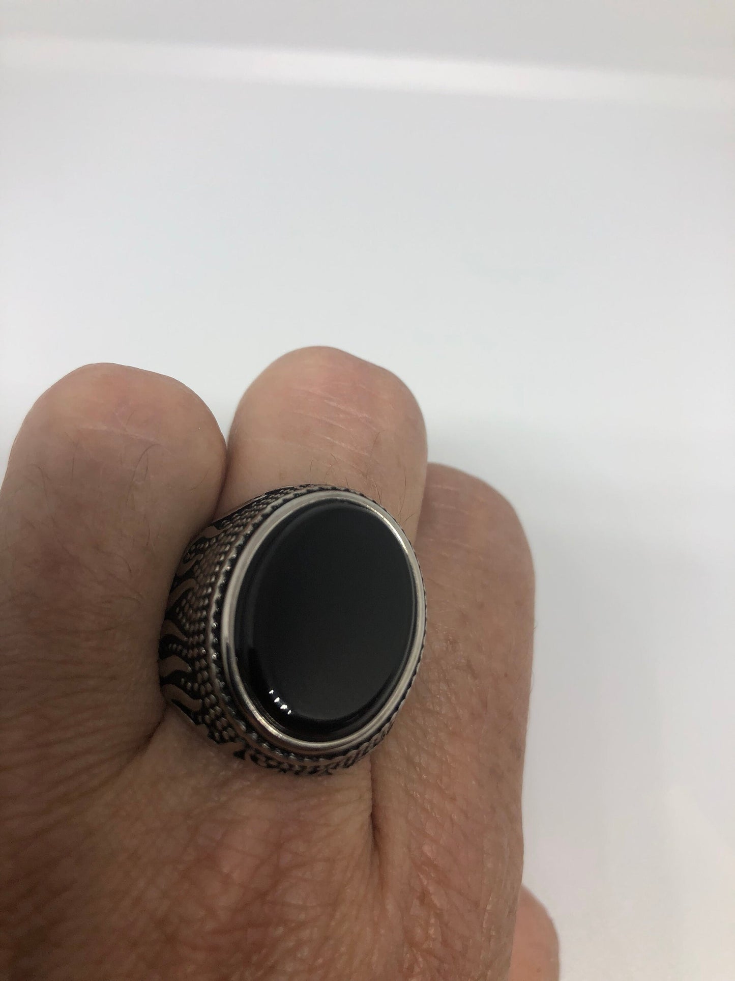 Vintage Gothic Black Onyx Stainless Steel Flame Mens Ring
