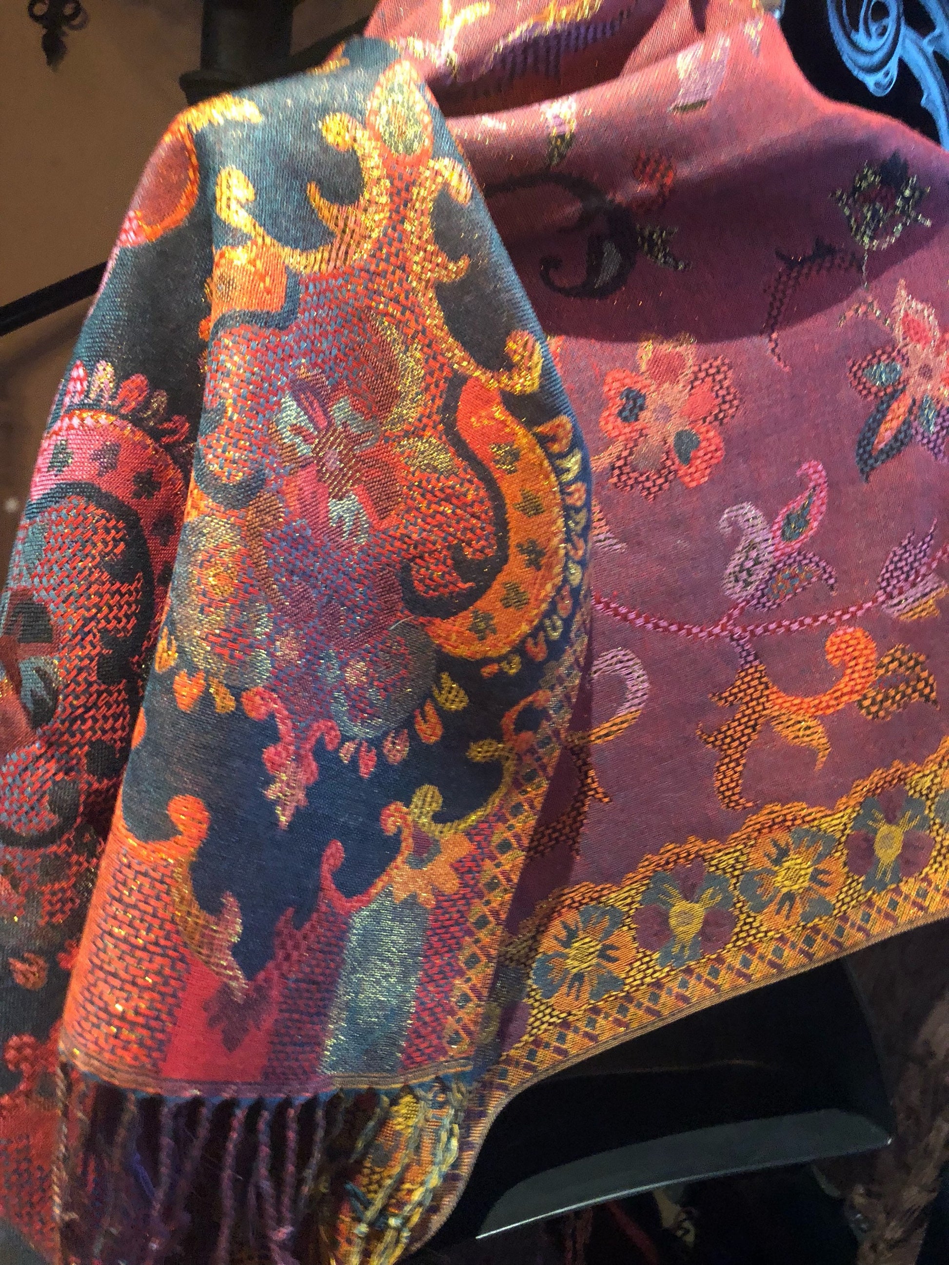 Golden Vintage Navy Blue Red Purple Gold Metallic Paisley Brocade Pashmina Scarf Wrap