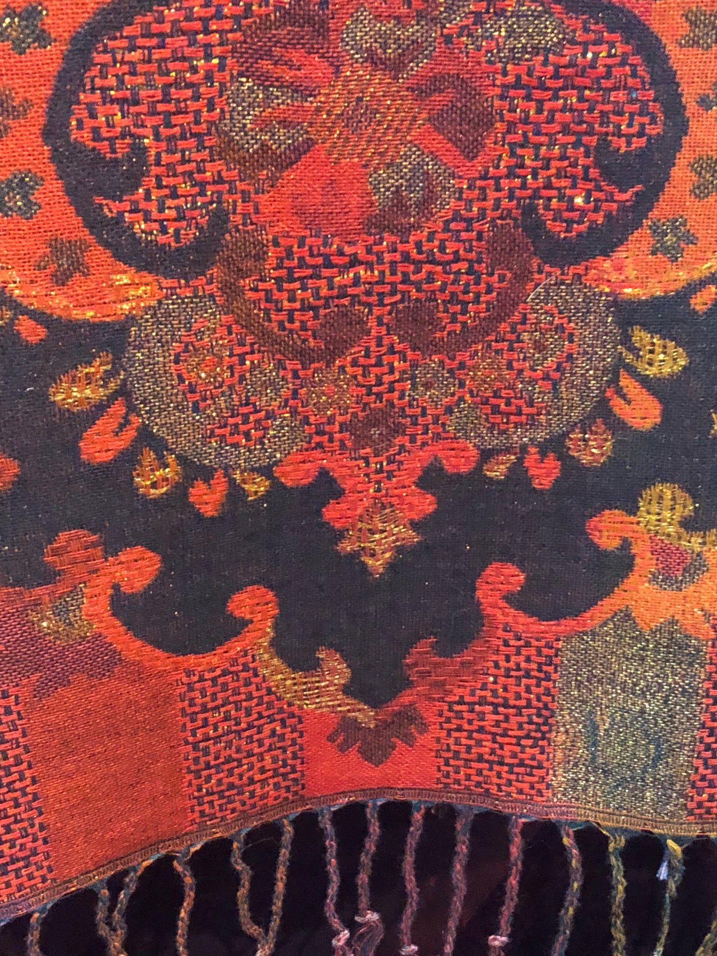 Golden Vintage Navy Blue Red Purple Gold Metallic Paisley Brocade Pashmina Scarf Wrap