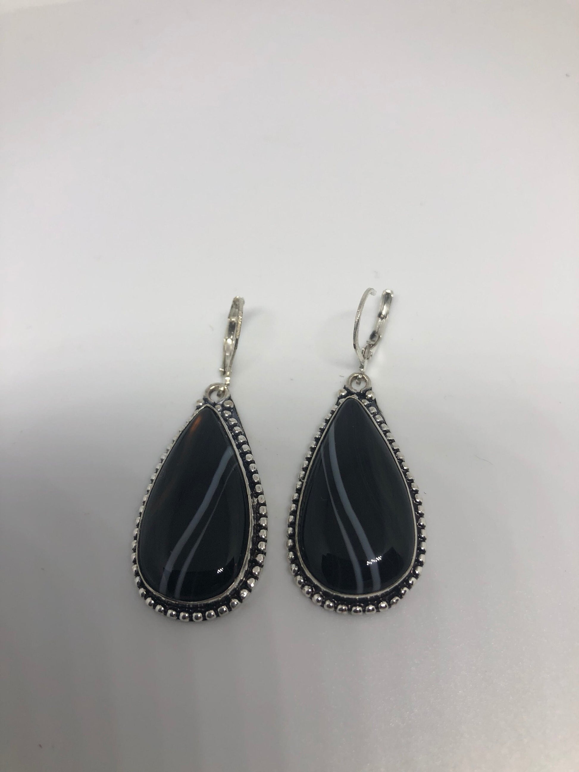 Antique Vintage Black Agate Striped Onyx Silver Dangle Earrings