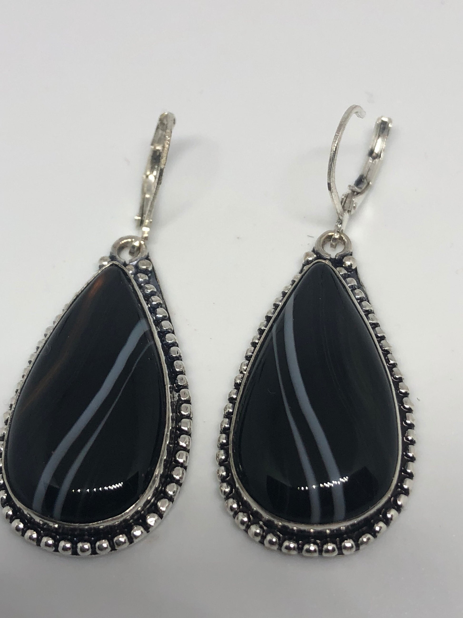 Antique Vintage Black Agate Striped Onyx Silver Dangle Earrings