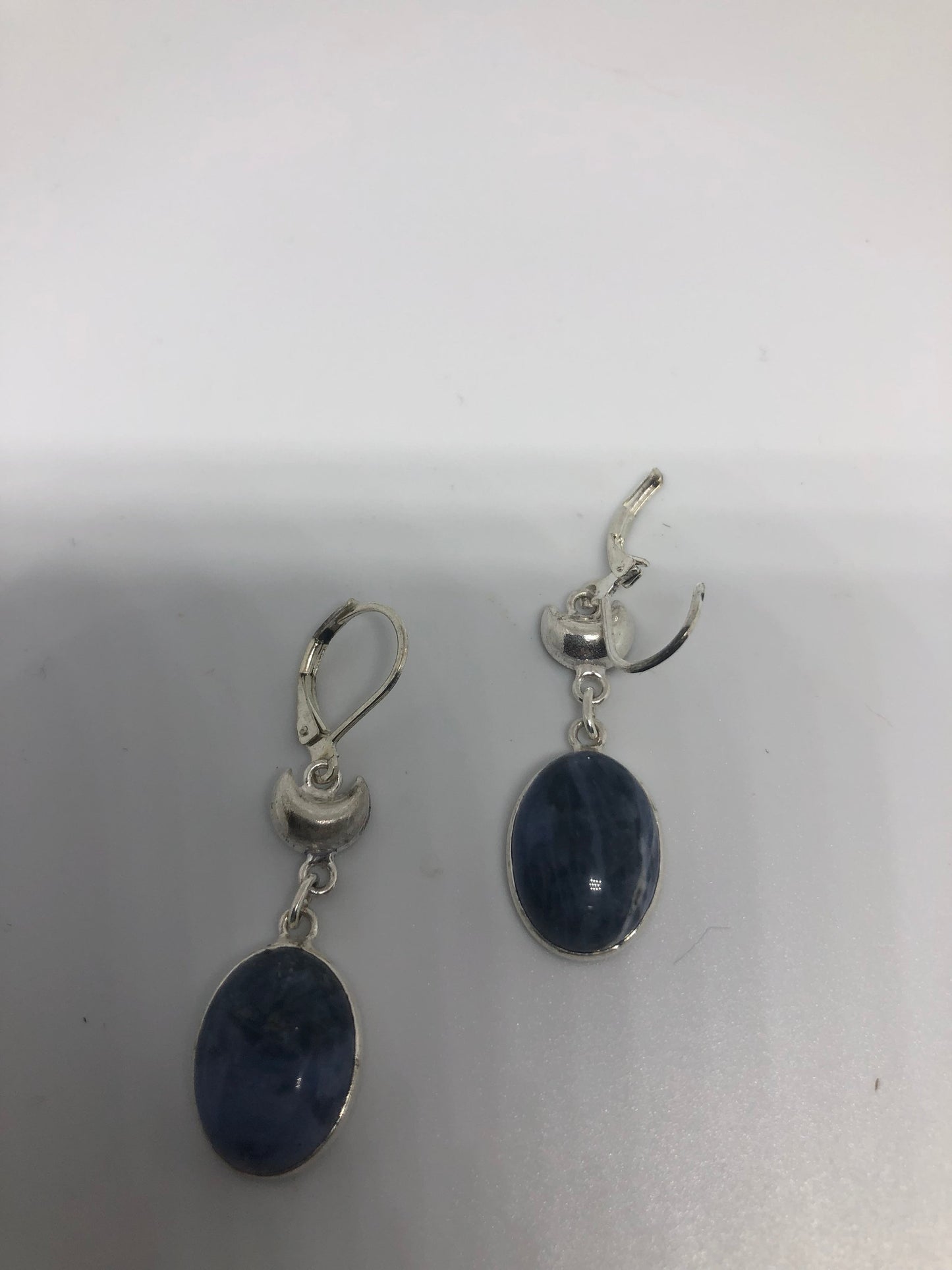 Antique Vintage Blue Sodalite Moon Silver Dangle Earrings