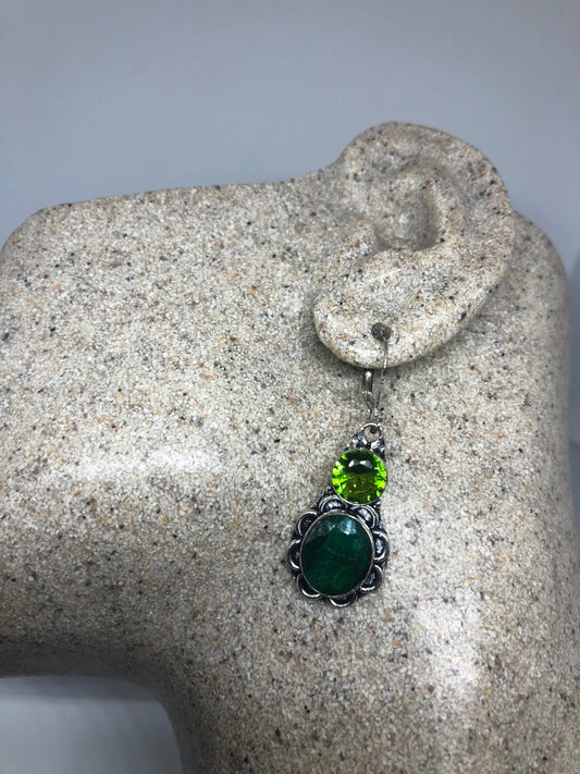Antique Vintage Green Peridot Color Treated Emerald Silver Dangle Earrings