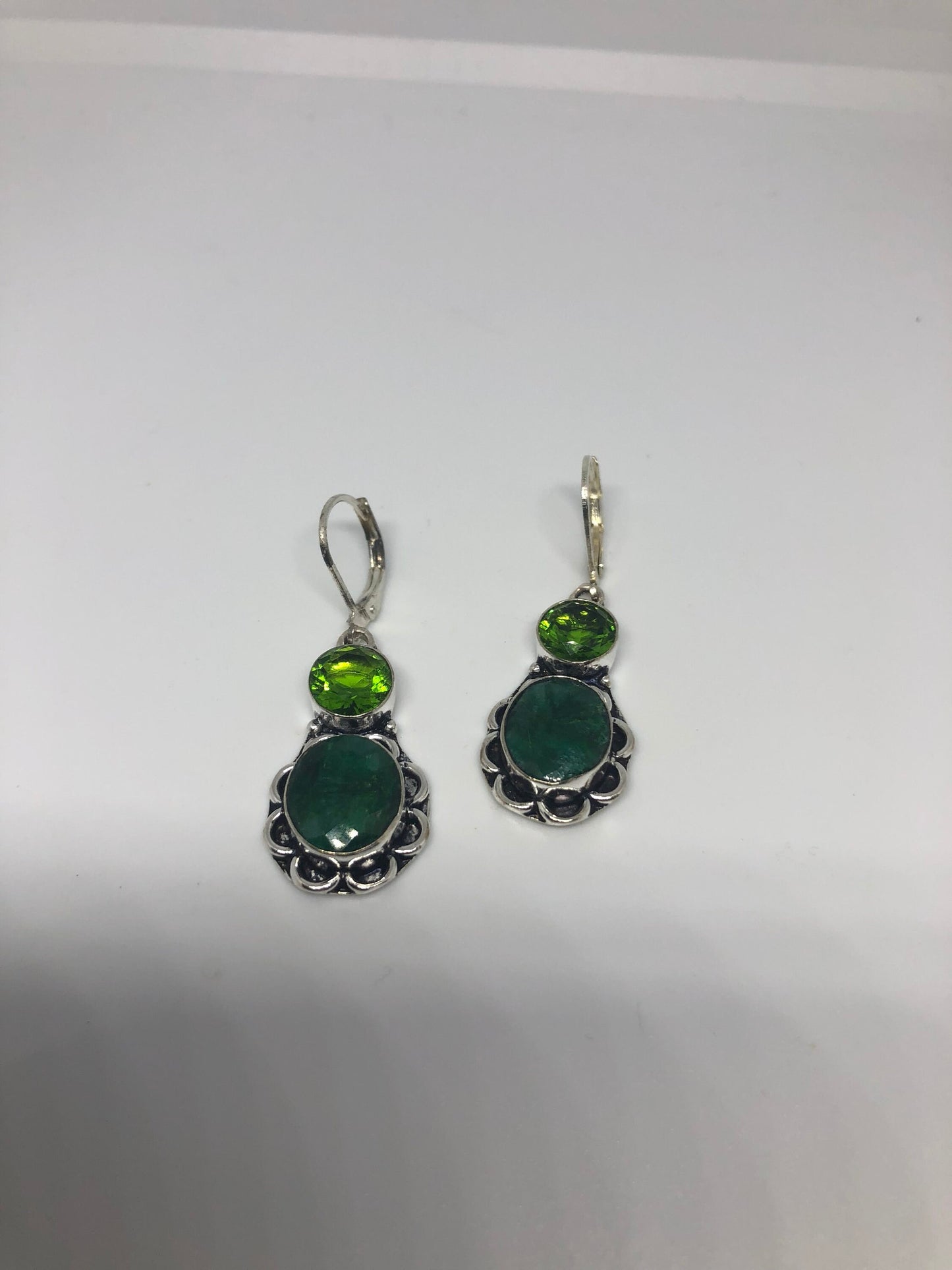 Antique Vintage Green Peridot Color Treated Emerald Silver Dangle Earrings