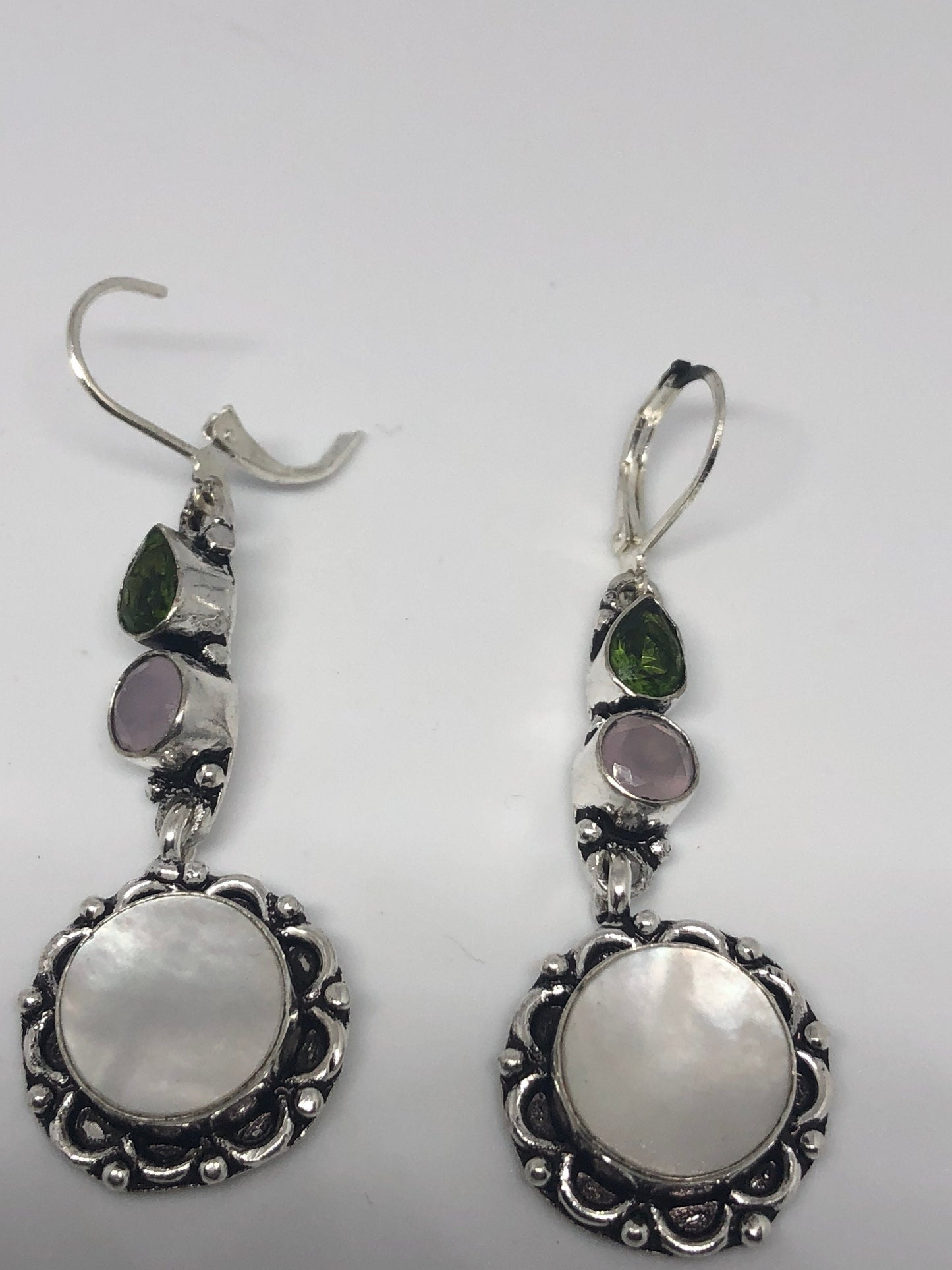 Antique Vintage Green Peridot Rose Quartz Mother of Pearl Silver Dangle Earrings