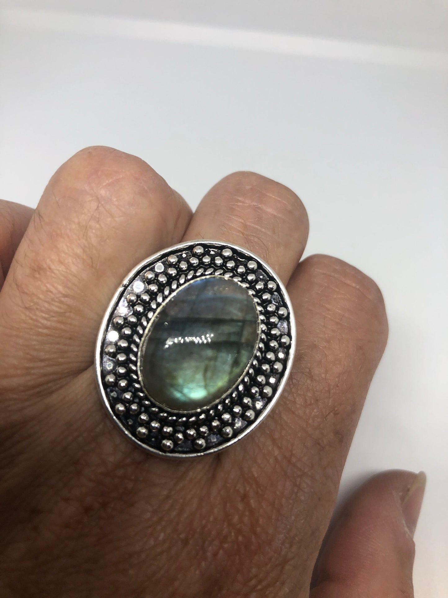 Vintage Large Blue Green Labradorite Stone Silver Ring