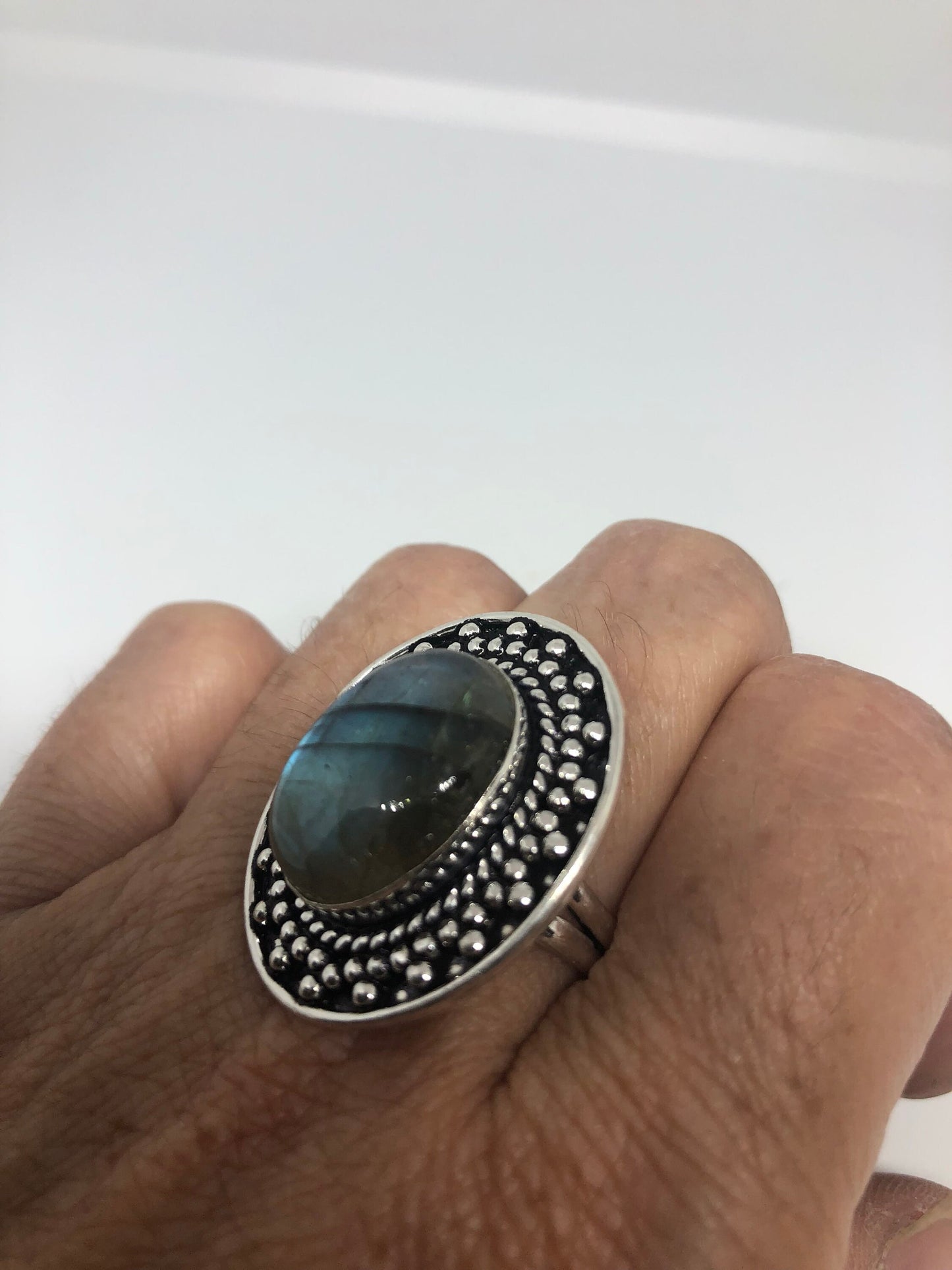 Vintage Large Blue Green Labradorite Stone Silver Ring