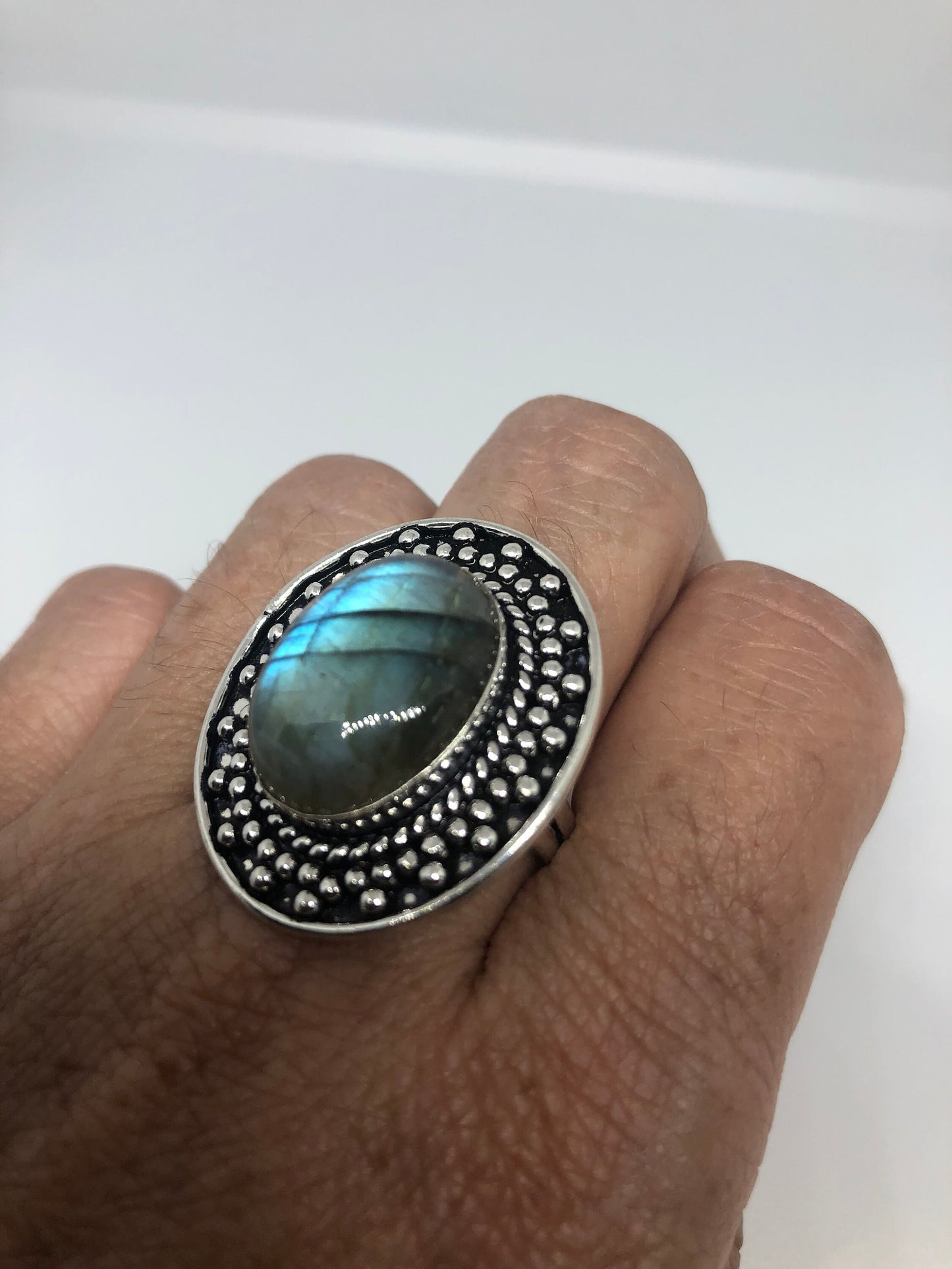 Vintage Large Blue Green Labradorite Stone Silver Ring