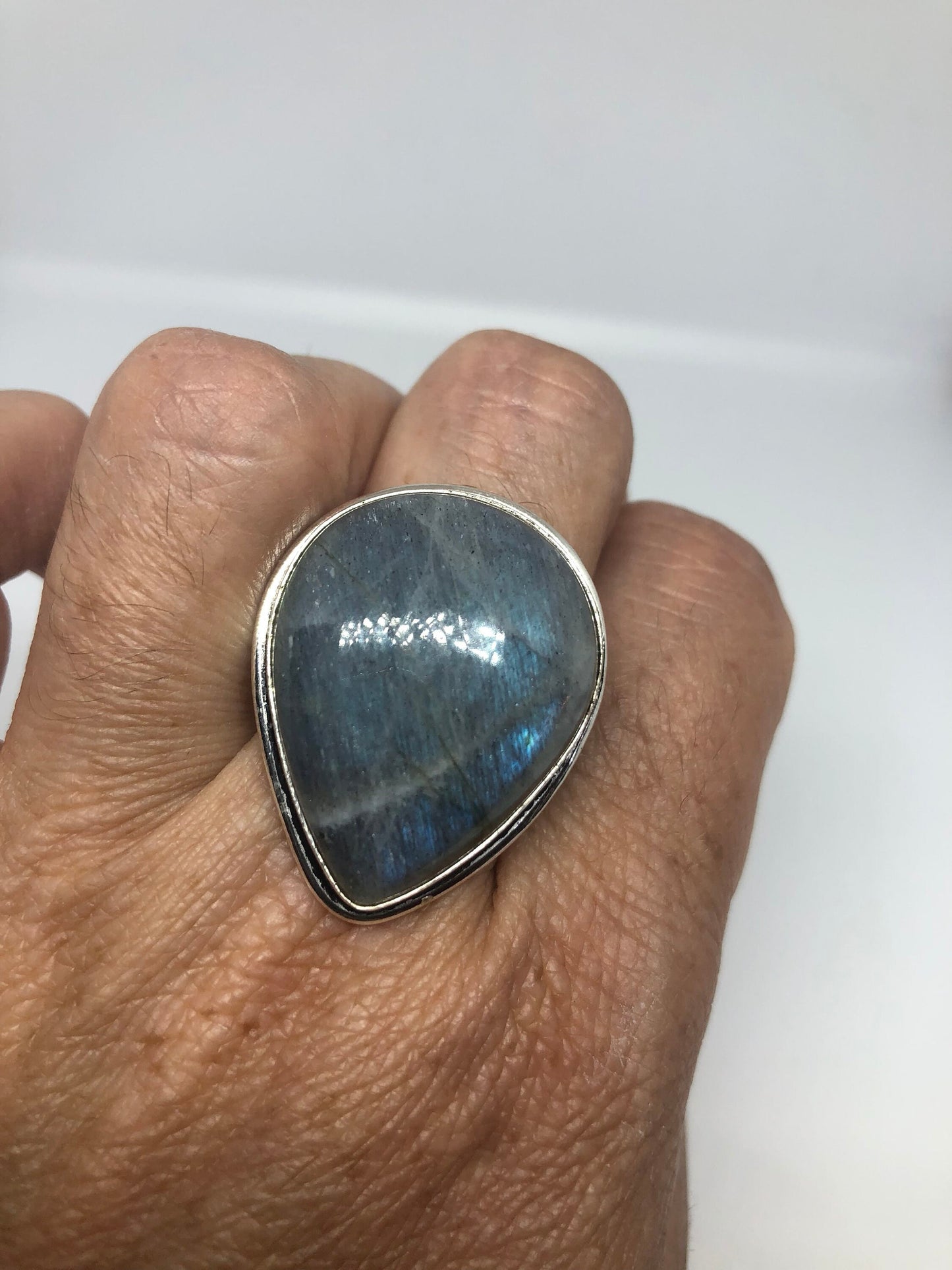 Vintage Large Blue Green Labradorite Stone Silver Ring