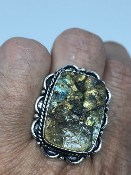 Vintage Large Blue Green Labradorite Stone Silver Ring