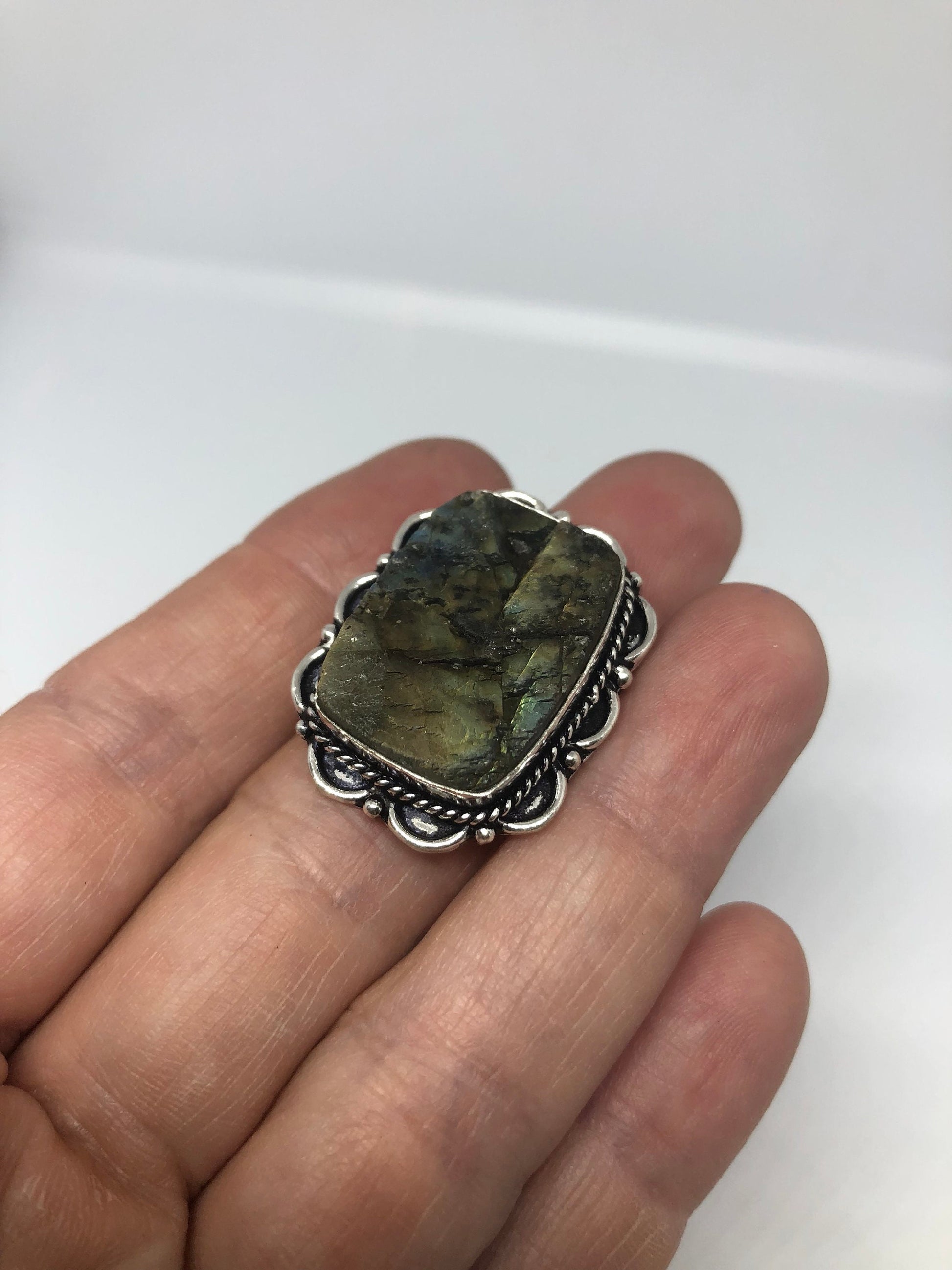 Vintage Large Blue Green Labradorite Stone Silver Ring