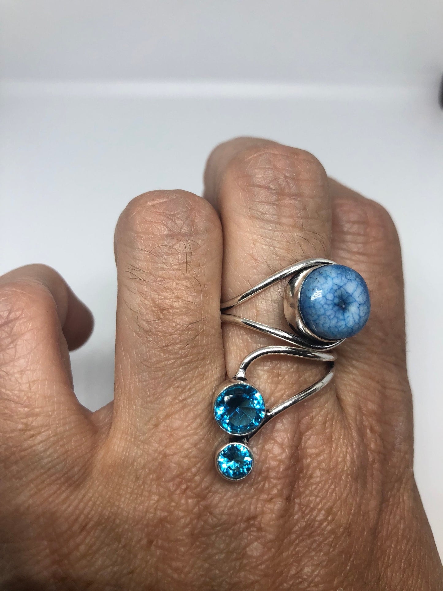Vintage Blue Genuine Chalcedony and Blue Topaz 2 in Adjustable Ring